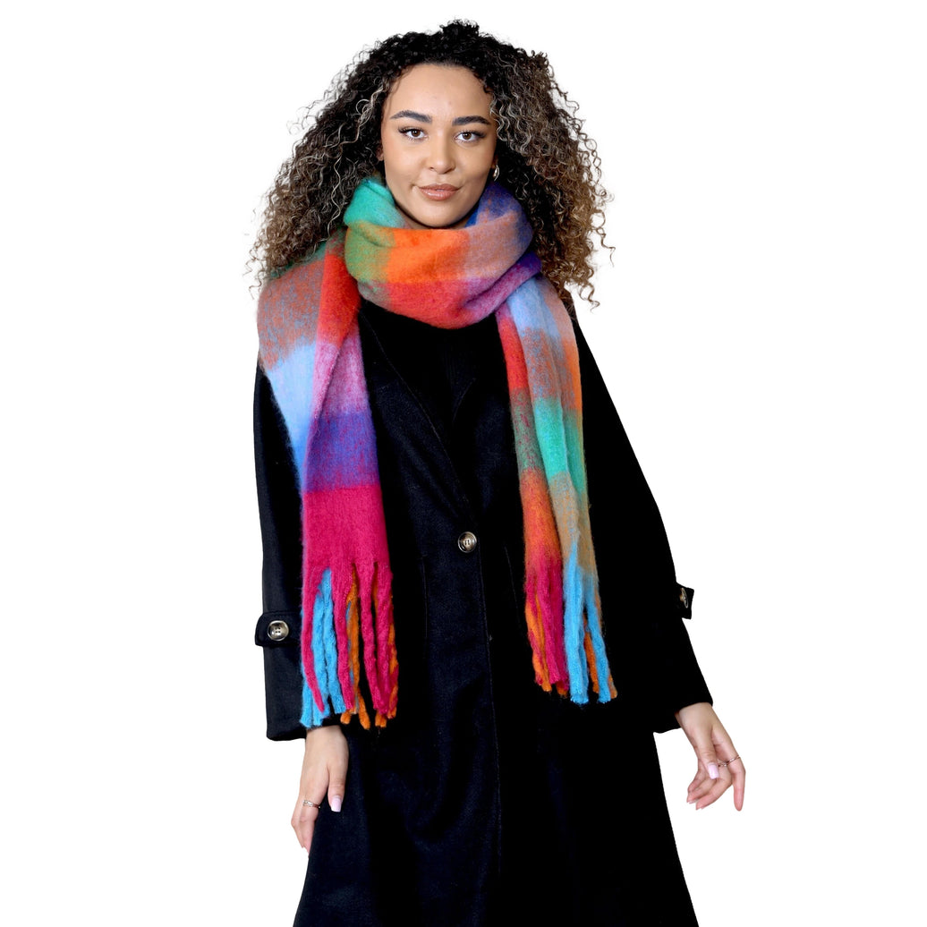 Women’s Orange Blue Chunky Knit Bright Plaid Blanket Scarf Long Winter Wrap Warm Check Shawl with Tassels Gift for Ladies by Daisy Dreamer ORANGE/BLUE CHECK Scarves