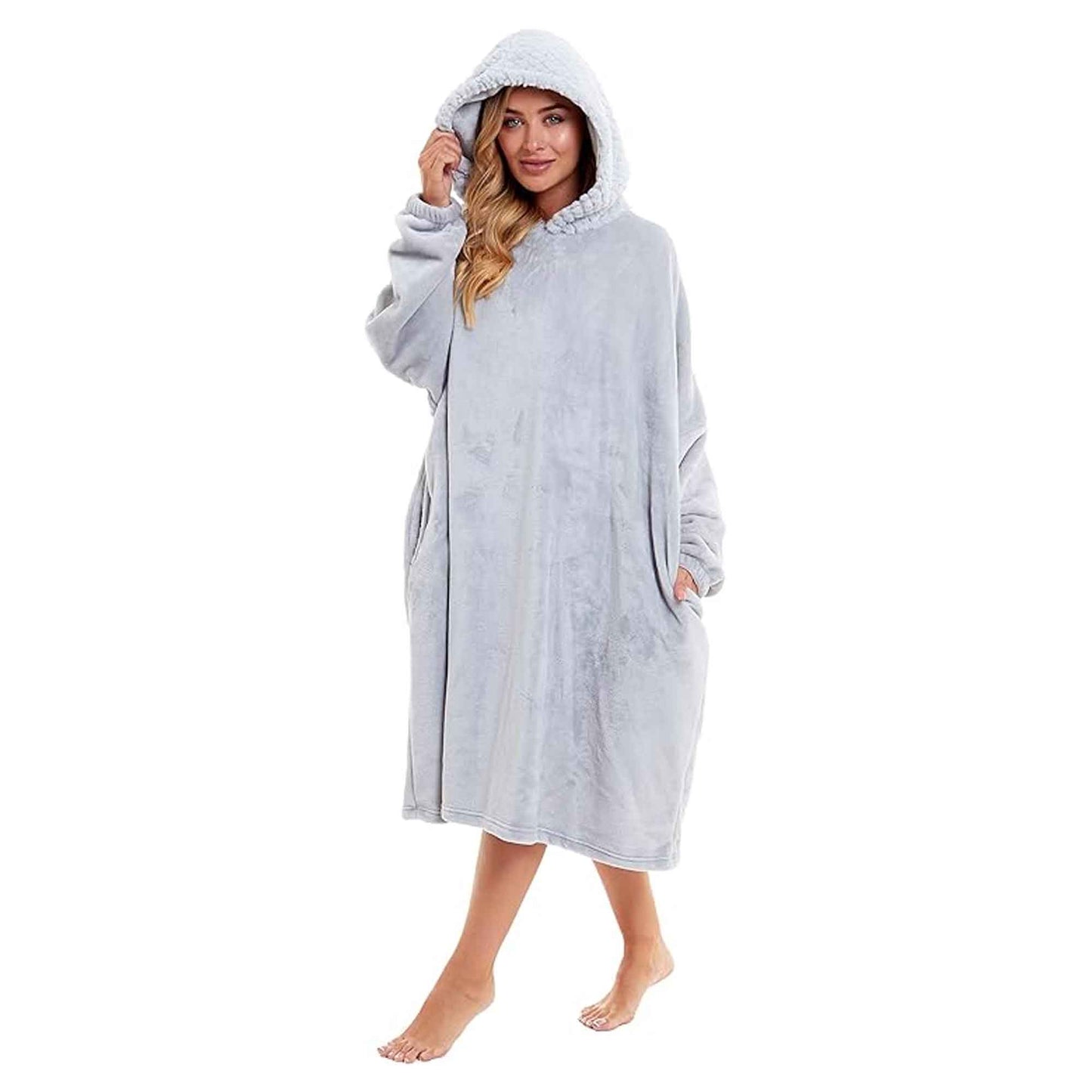 Women's Oversized Plush Hooded Poncho Blanket Cozy Fleece Hoodie with Fur Hood Ideal for Lounging Camping Outdoor Warmth by Daisy Dreamer GREY Hooded Blanket
