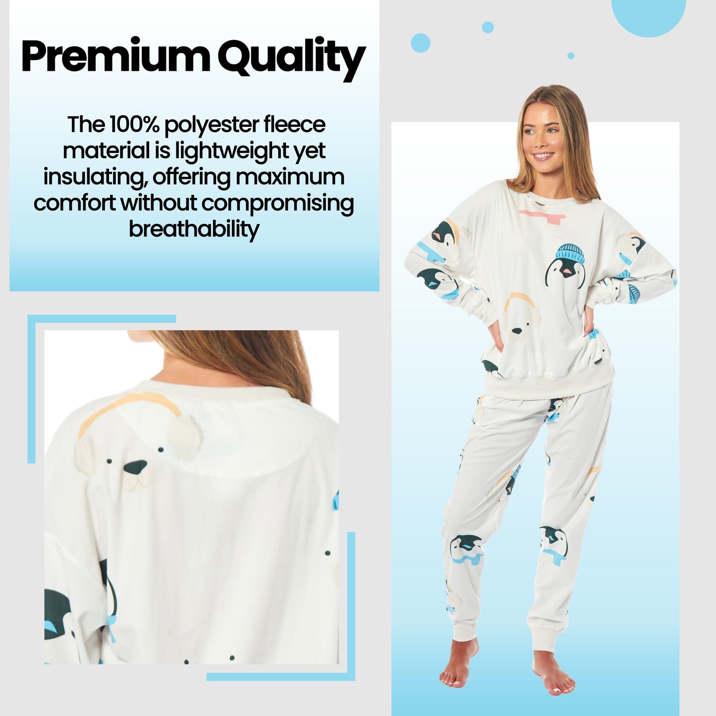 Women's Penguins & Polar Bears Soft Fleece Pyjama Set Long Sleeve Animal Print Warm PJs Loungewear Sleepwear for Ladies by Daisy Dreamer Pyjamas
