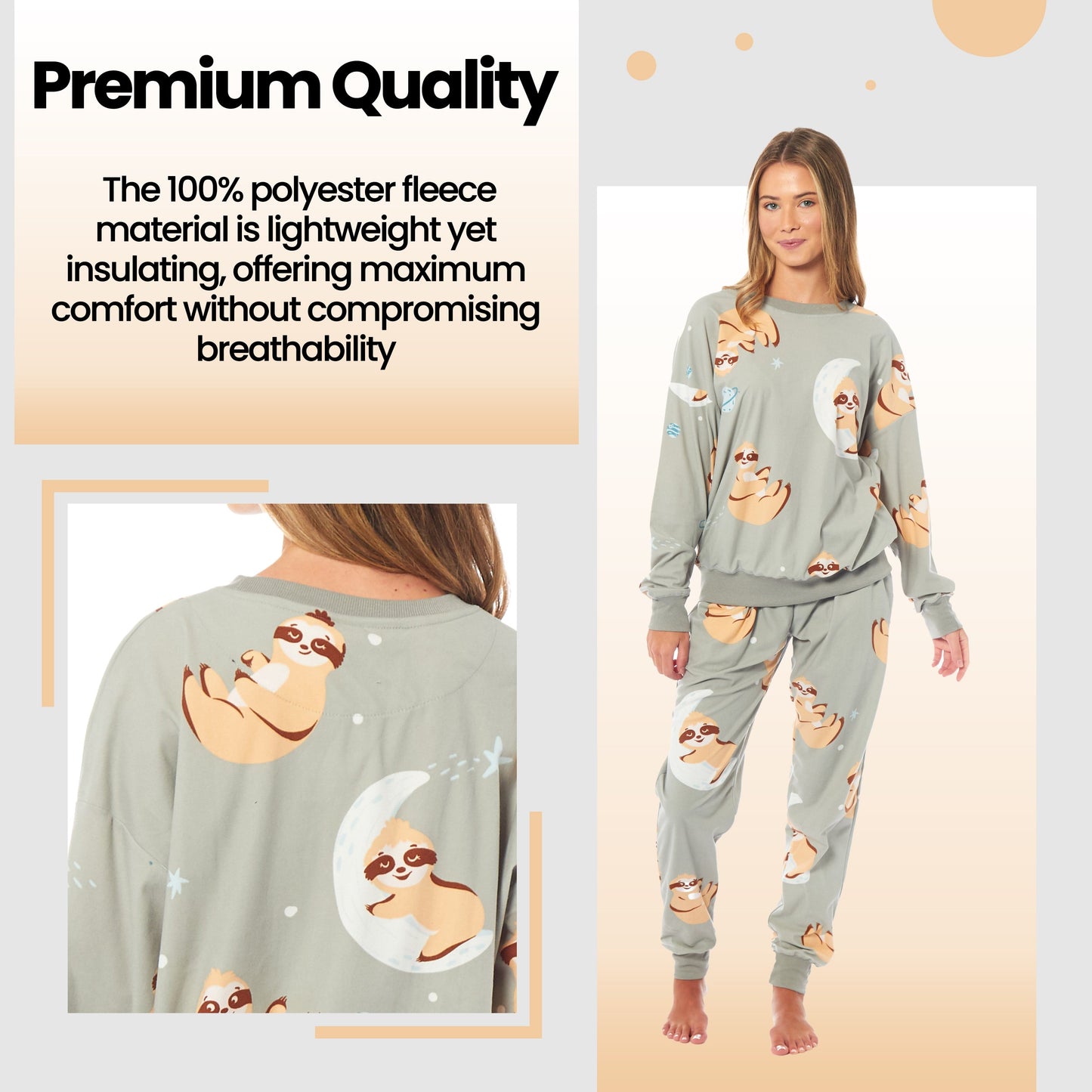 Women's Sloth Soft Fleece Pyjama Set Long Sleeve Animal Print Warm PJs Loungewear Sleepwear for Ladies by Daisy Dreamer Pyjamas