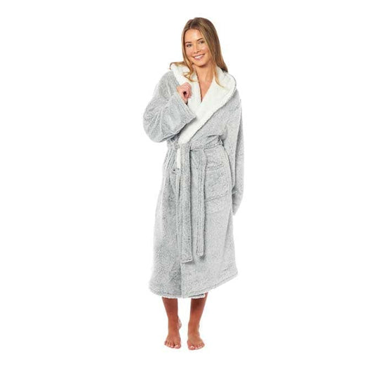 Women's Soft Plush Shimmer Fleece Hooded Bath Robe Luxurious Dressing Gown for Lounging and Sleeping in Shimmer Grey Multiple Sizes by Daisy Dreamer SMALL Robe