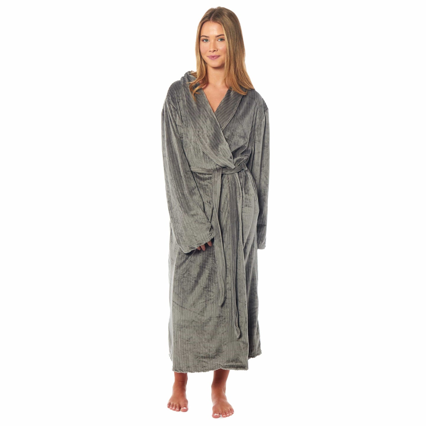 Women's Stripe Jacquard Soft Warm Long Dressing Gown with Belt and Pockets Cosy Shawl Collar Loungewear Robe By Daisy Dreamer SMALL | UK 8-10 / CHARCOAL Robe