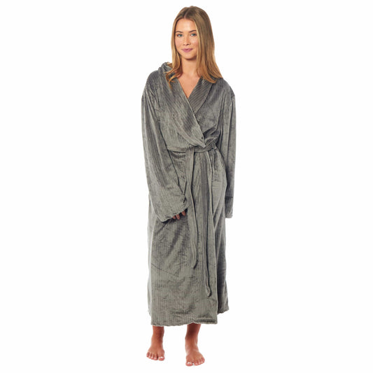 Women's Stripe Jacquard Soft Warm Long Dressing Gown with Belt and Pockets Cosy Shawl Collar Loungewear Robe By Daisy Dreamer SMALL | UK 8-10 / CHARCOAL Robe