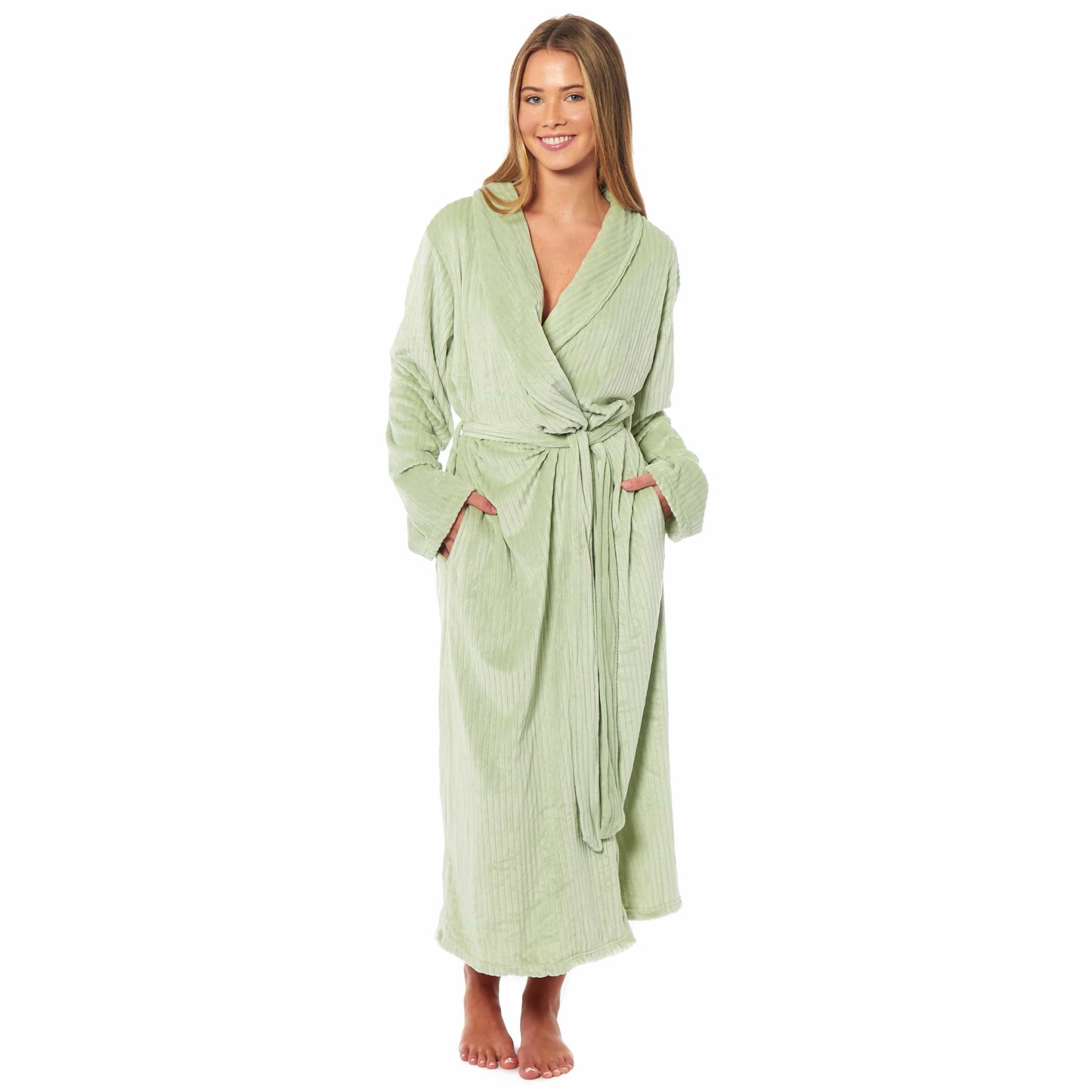 Women's Stripe Jacquard Soft Warm Long Dressing Gown with Belt and Pockets Cosy Shawl Collar Loungewear Robe By Daisy Dreamer SMALL | UK 8-10 / SAGE GREEN Robe