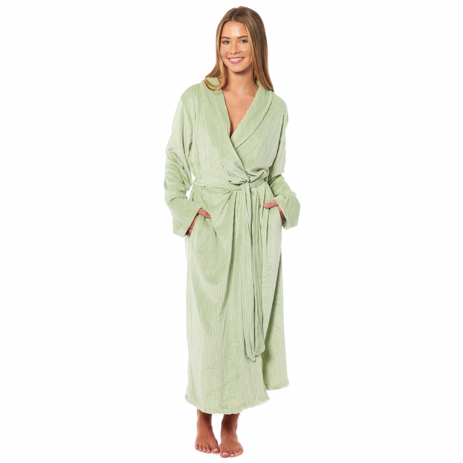 Women's Stripe Jacquard Soft Warm Long Dressing Gown with Belt and Pockets Cosy Shawl Collar Loungewear Robe By Daisy Dreamer SMALL | UK 8-10 / SAGE GREEN Robe