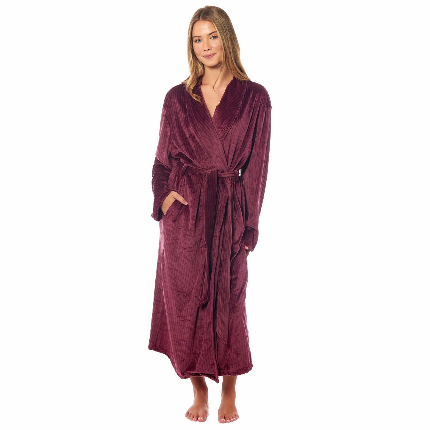Women's Stripe Jacquard Soft Warm Long Dressing Gown with Belt and Pockets Cosy Shawl Collar Loungewear Robe By Daisy Dreamer SMALL | UK 8-10 / WINE Robe