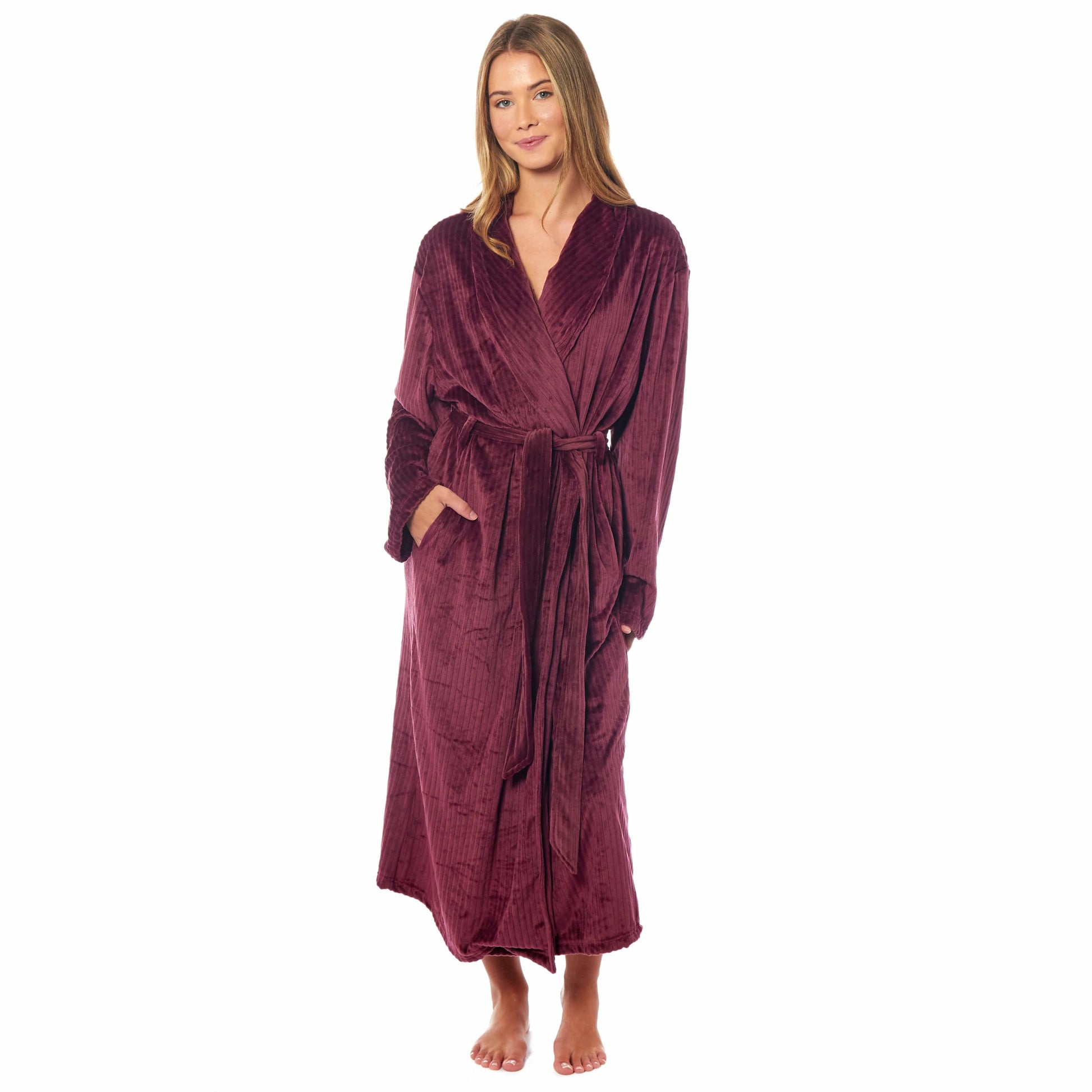 Women's Stripe Jacquard Soft Warm Long Dressing Gown with Belt and Pockets Cosy Shawl Collar Loungewear Robe By Daisy Dreamer SMALL | UK 8-10 / WINE Robe