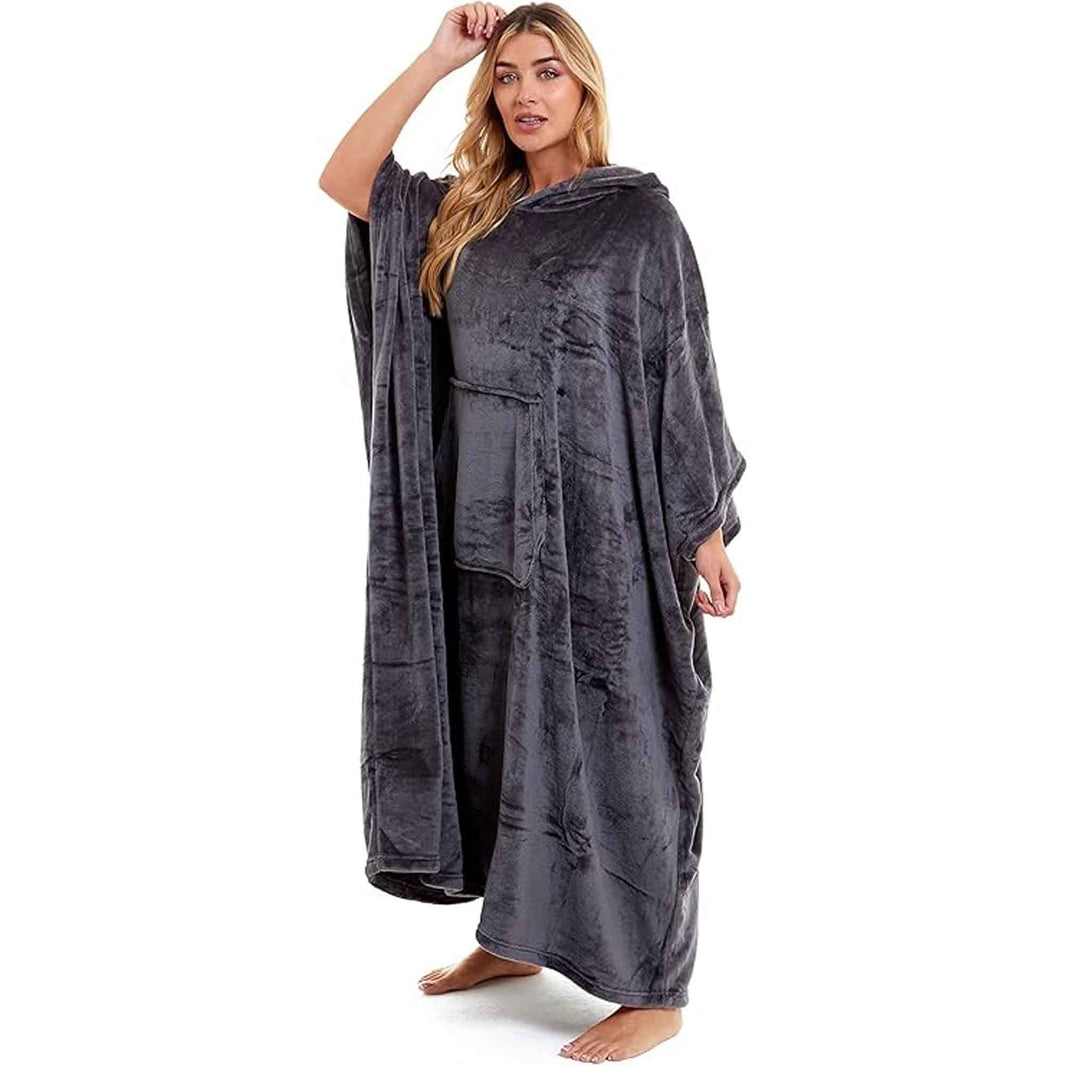 Women's Super Soft Oversized Hooded Poncho Blanket Navy Charcoal Flannel Fleece Cozy Loungewear Nightwear Warm Hoodie One Size Fits Most Adults by Daisy Dreamer CHARCOAL Hooded Blanket