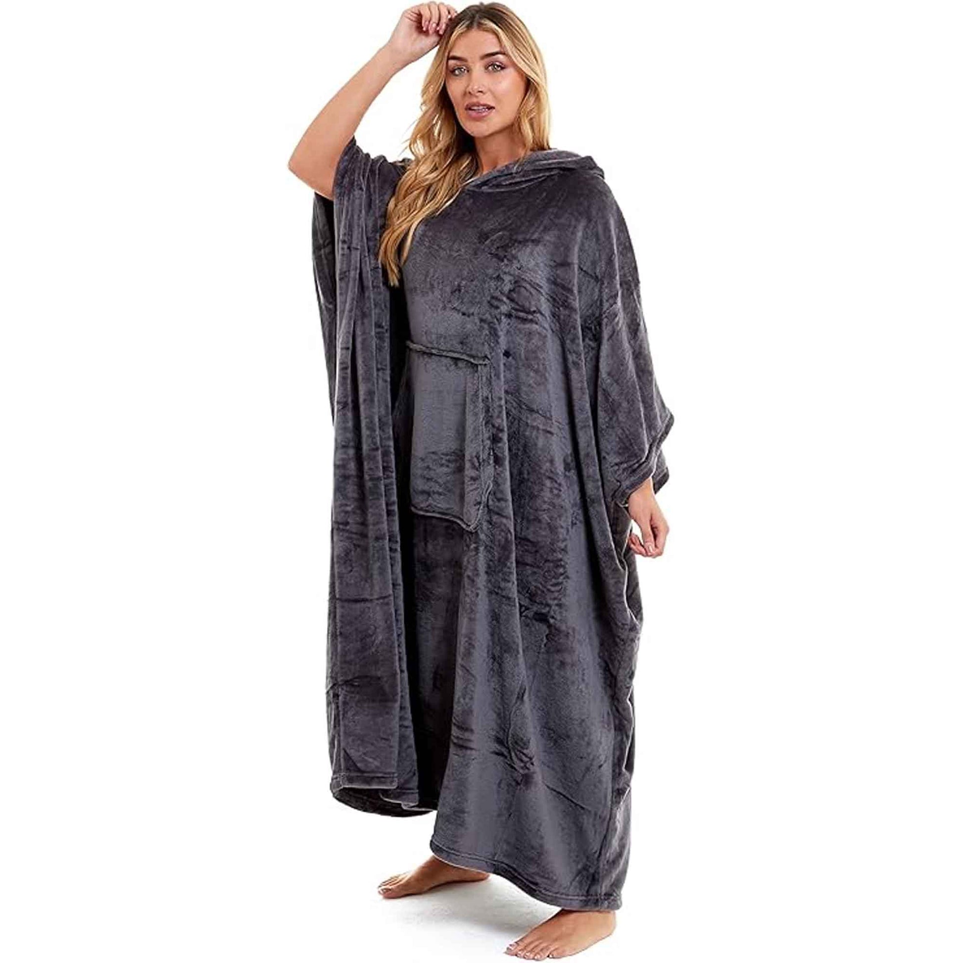 Women's Super Soft Oversized Hooded Poncho Blanket Navy Charcoal Flannel Fleece Cozy Loungewear Nightwear Warm Hoodie One Size Fits Most Adults by Daisy Dreamer CHARCOAL Hooded Blanket