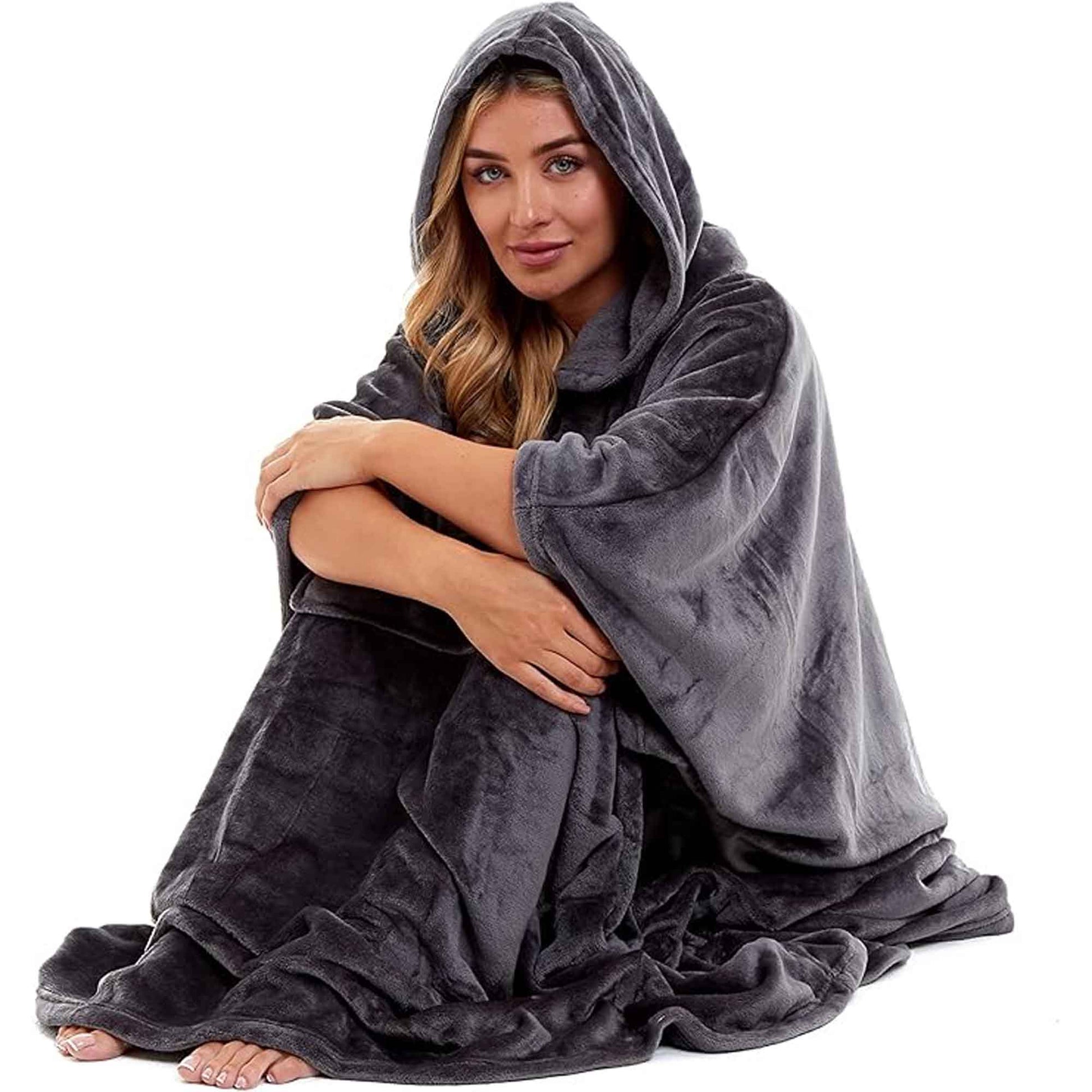 Women's Super Soft Oversized Hooded Poncho Blanket Navy Charcoal Flannel Fleece Cozy Loungewear Nightwear Warm Hoodie One Size Fits Most Adults by Daisy Dreamer Hooded Blanket