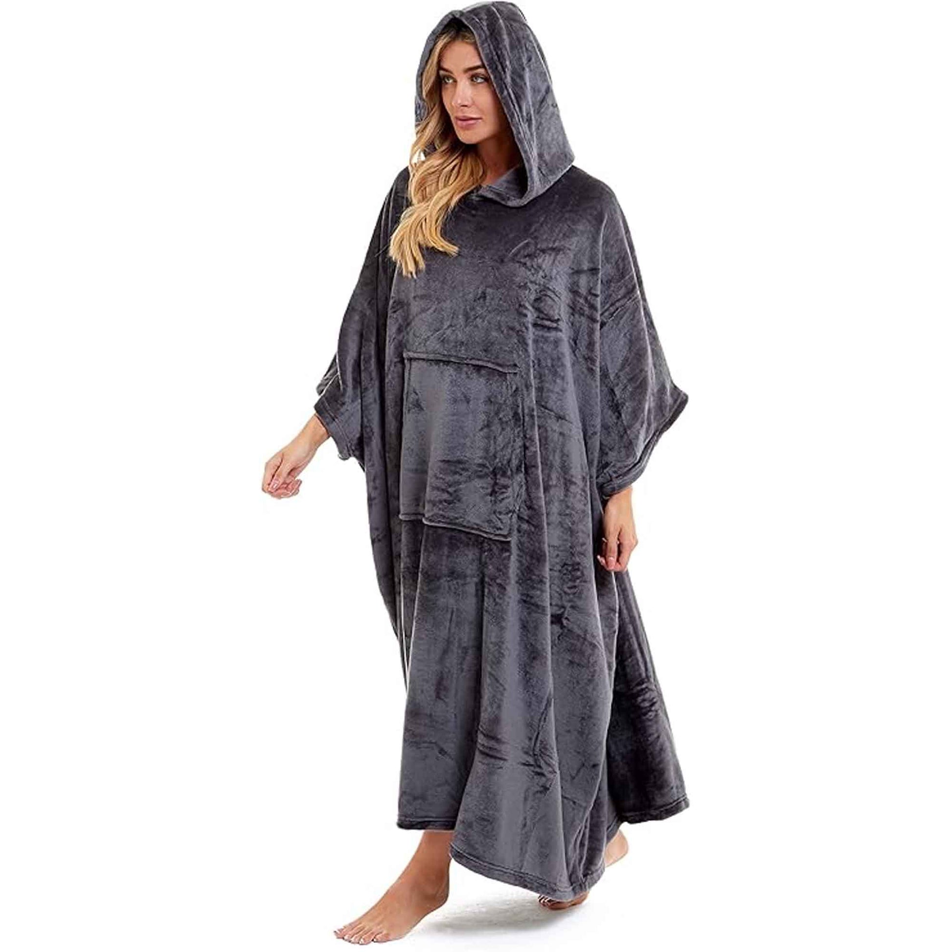 Women's Super Soft Oversized Hooded Poncho Blanket Navy Charcoal Flannel Fleece Cozy Loungewear Nightwear Warm Hoodie One Size Fits Most Adults by Daisy Dreamer Hooded Blanket