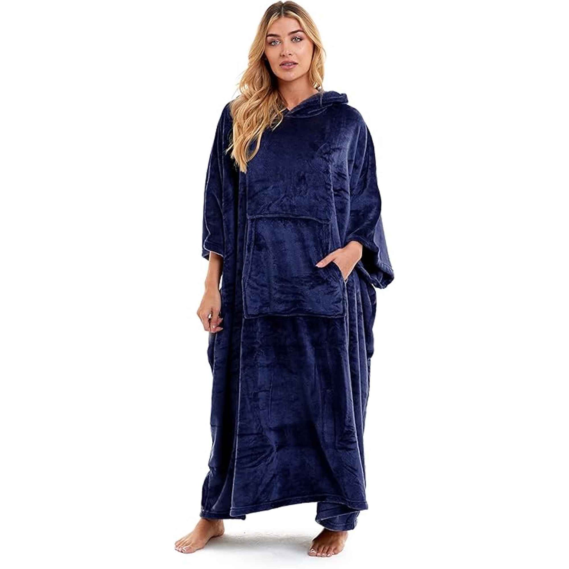 Women's Super Soft Oversized Hooded Poncho Blanket Navy Charcoal Flannel Fleece Cozy Loungewear Nightwear Warm Hoodie One Size Fits Most Adults by Daisy Dreamer NAVY Hooded Blanket