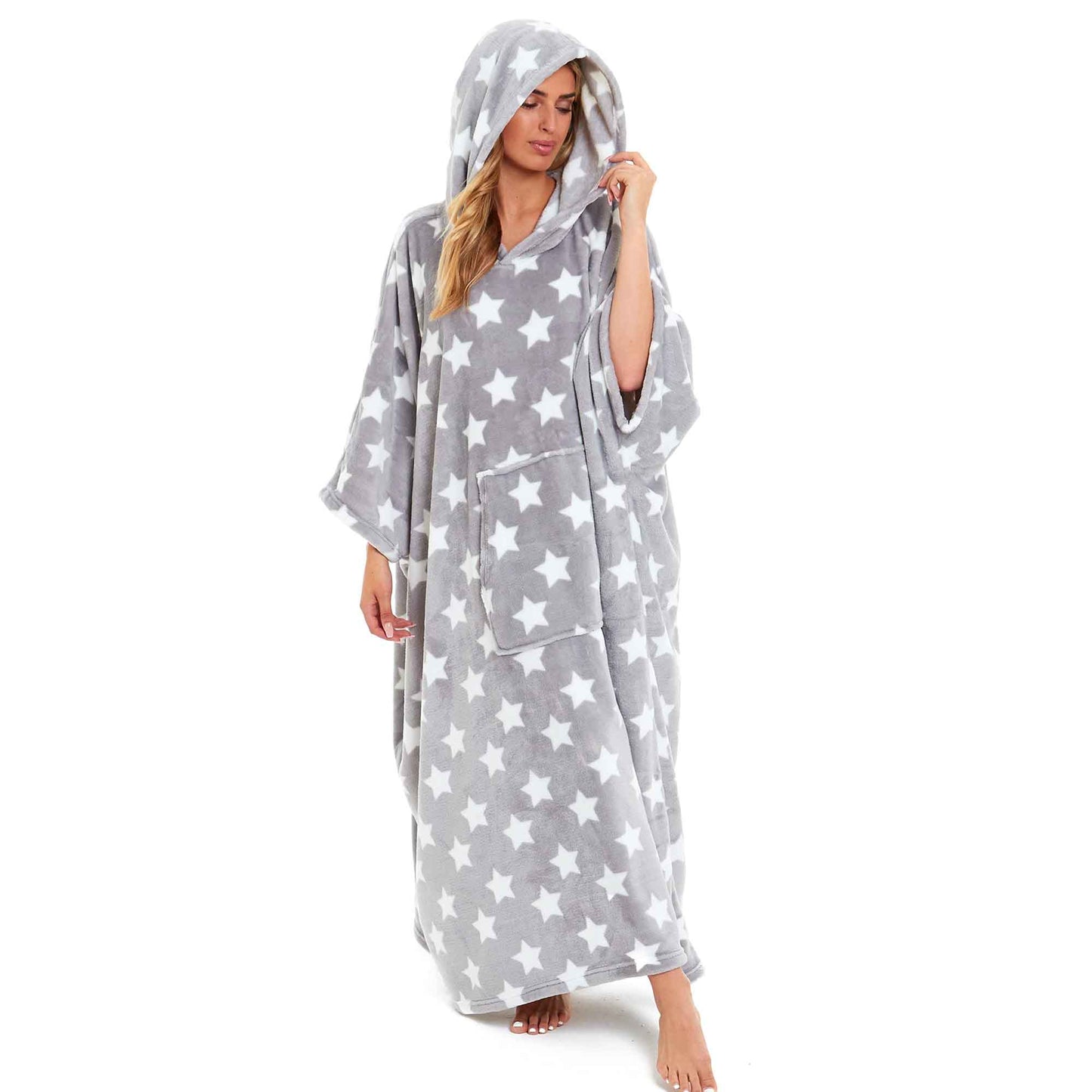Women's Super Soft Oversized Hooded Poncho Blanket with Stars & Polka Dot Design for Indoor & Outdoor Use by Daisy Dreamer GREY STARS Hooded Blanket