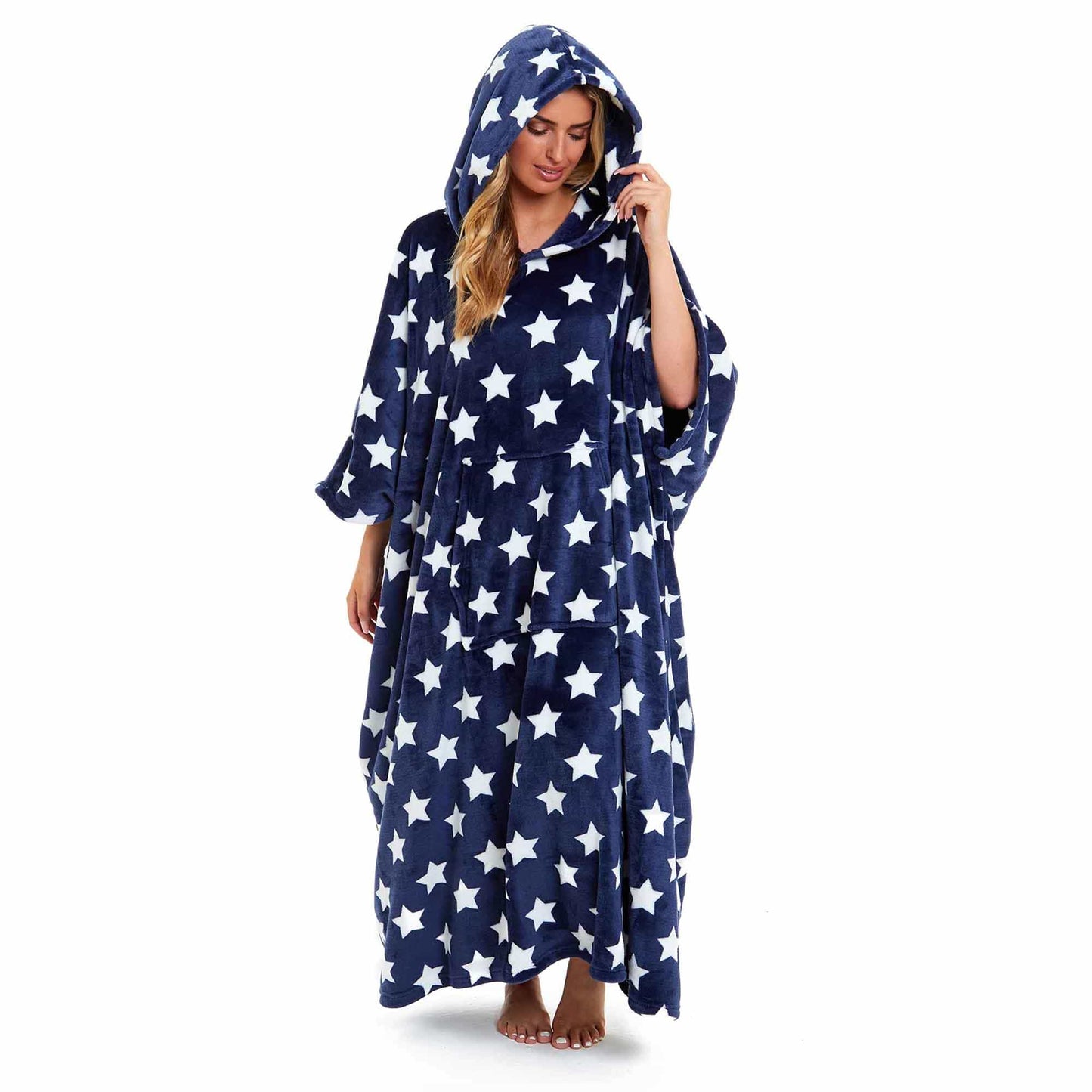 Women's Super Soft Oversized Hooded Poncho Blanket with Stars & Polka Dot Design for Indoor & Outdoor Use by Daisy Dreamer NAVY STARS Hooded Blanket