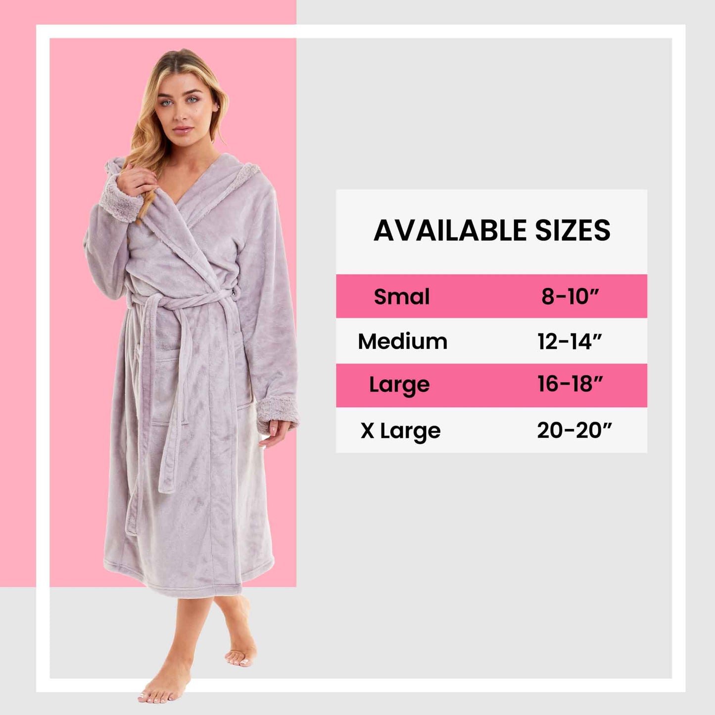Women's Super Soft Plush Fleece Faux Fur Hooded Robe Luxurious Loungewear Bathrobe for Spa Hotel Home Pink Grey Sizes S-XL by Daisy Dreamer Robe