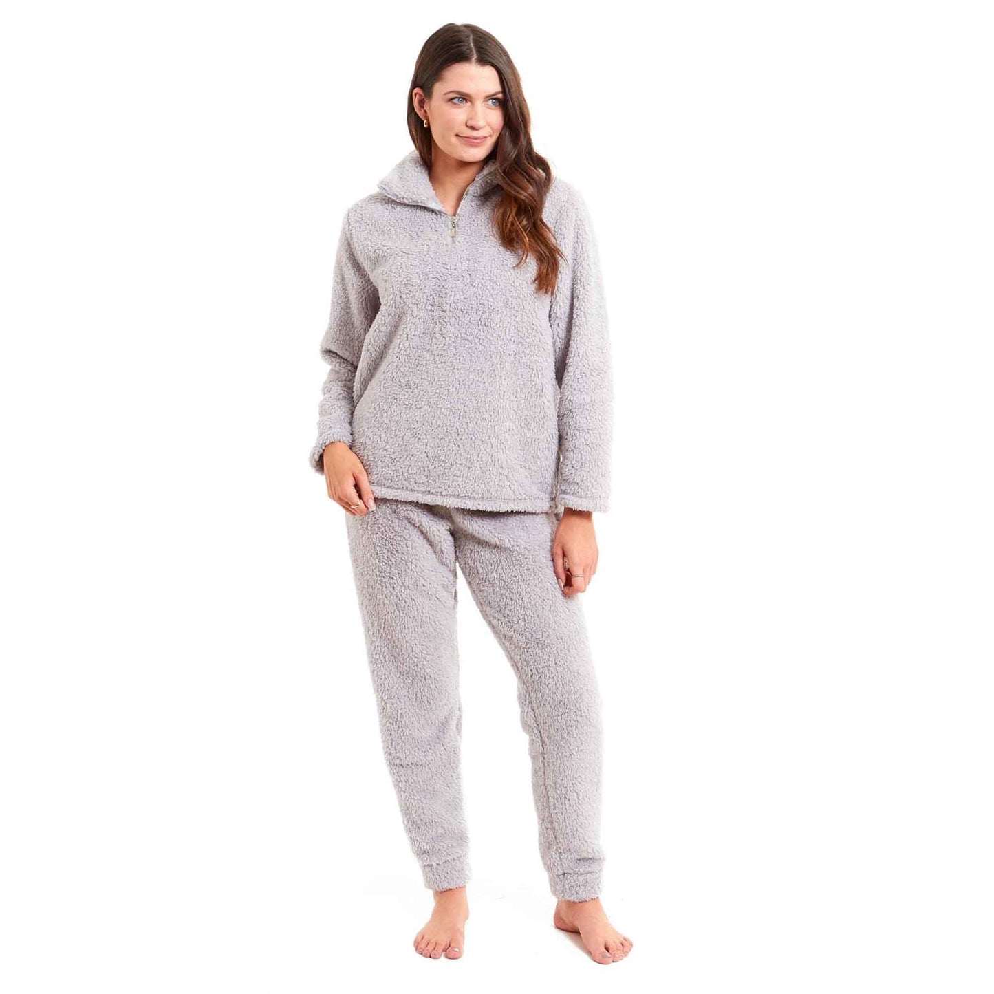 Women's Super Soft Teddy Fleece Loungewear Set Cozy Elasticated Waistband Pants and Zip Front Top in Pink Grey Cream Luxurious Nightwear by Daisy Dreamer SMALL | UK 8-10 / GREY Pyjamas