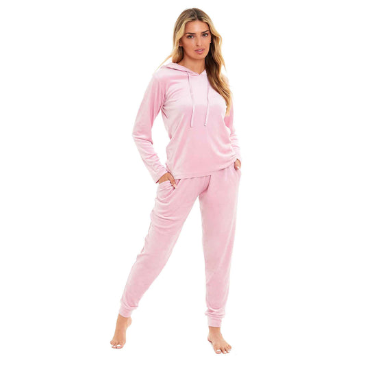 Women's Super Soft Velour Hooded Pyjama Set Comfortable Fleece Loungewear for Lounging Sleeping Pajama Parties in Pink Grey by Daisy Dreamer SMALL | UK 8-10 / PINK Pyjamas