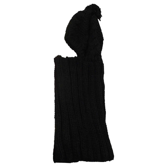 Women's Thermal Beanie Hat with Cable Knit Design and Pom Pom 2-In-1 Snood Scarf Winter Accessory in Cream Pink Black Grey Sock Stack BLACK Hats