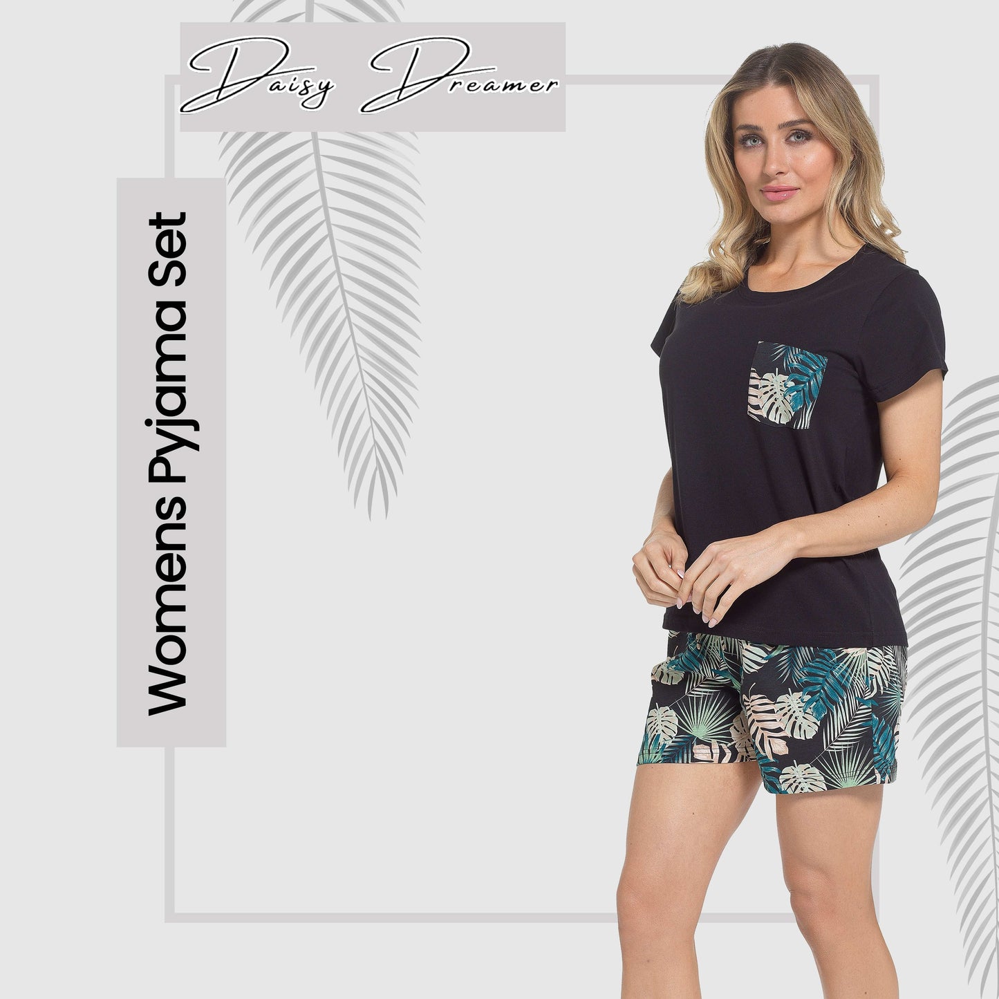 Women's Tropical Pyjama Set T-Shirt & Shorts PJs Soft Cotton Loungewear Summer Holiday Sleepwear by Daisy Dreamer Pyjamas