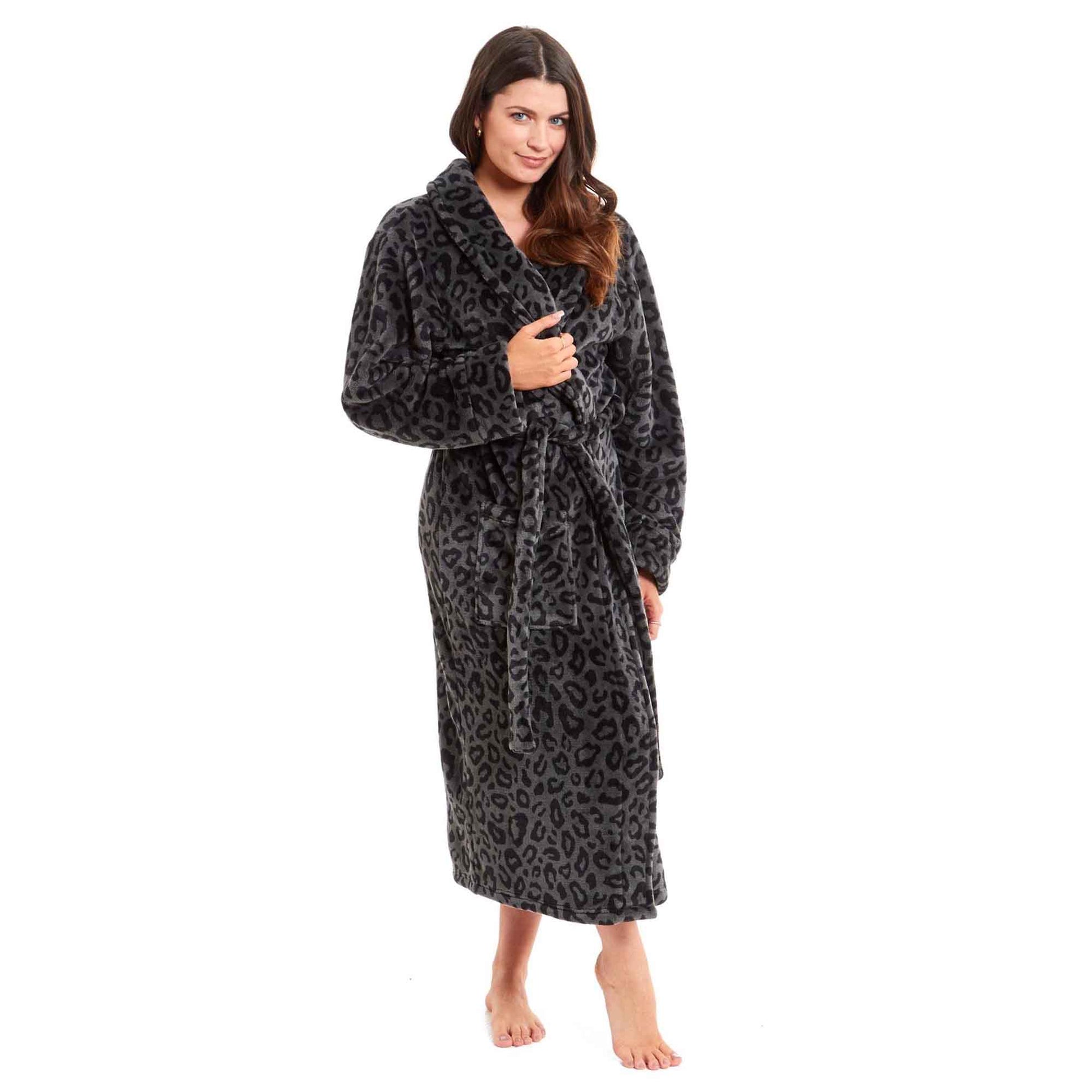 Women's Ultra-Soft Black Leopard Plush Fleece Bath Robe Warm Flannel Loungewear for Home Spa Gym Hotel Chic Animal Print by Daisy Dreamer SMALL | UK 8-10 Robe