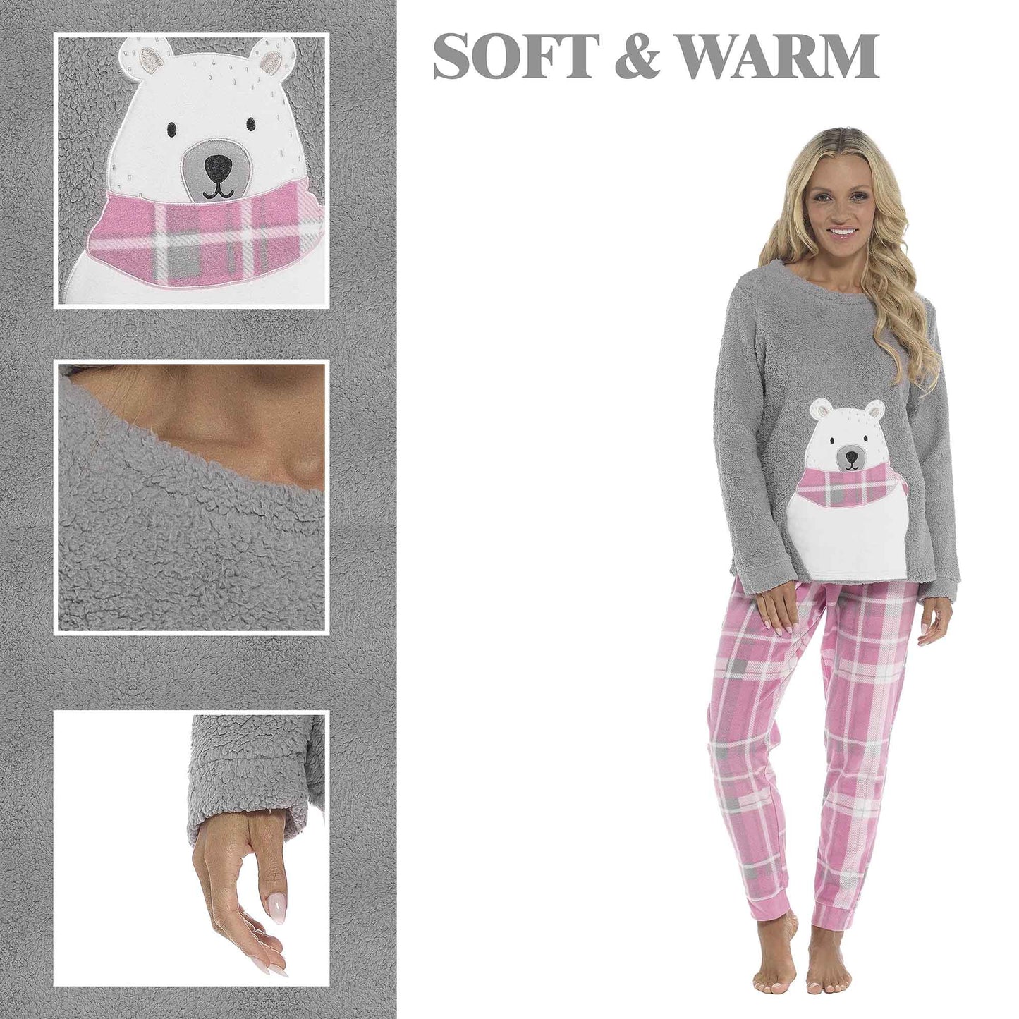 Women's Ultra-Soft Fleece Pyjama Set Cozy Polar Bear Print Long Sleeve Top and Elasticated Bottoms Warm Winter Nightwear by Daisy Dreamer Pyjamas
