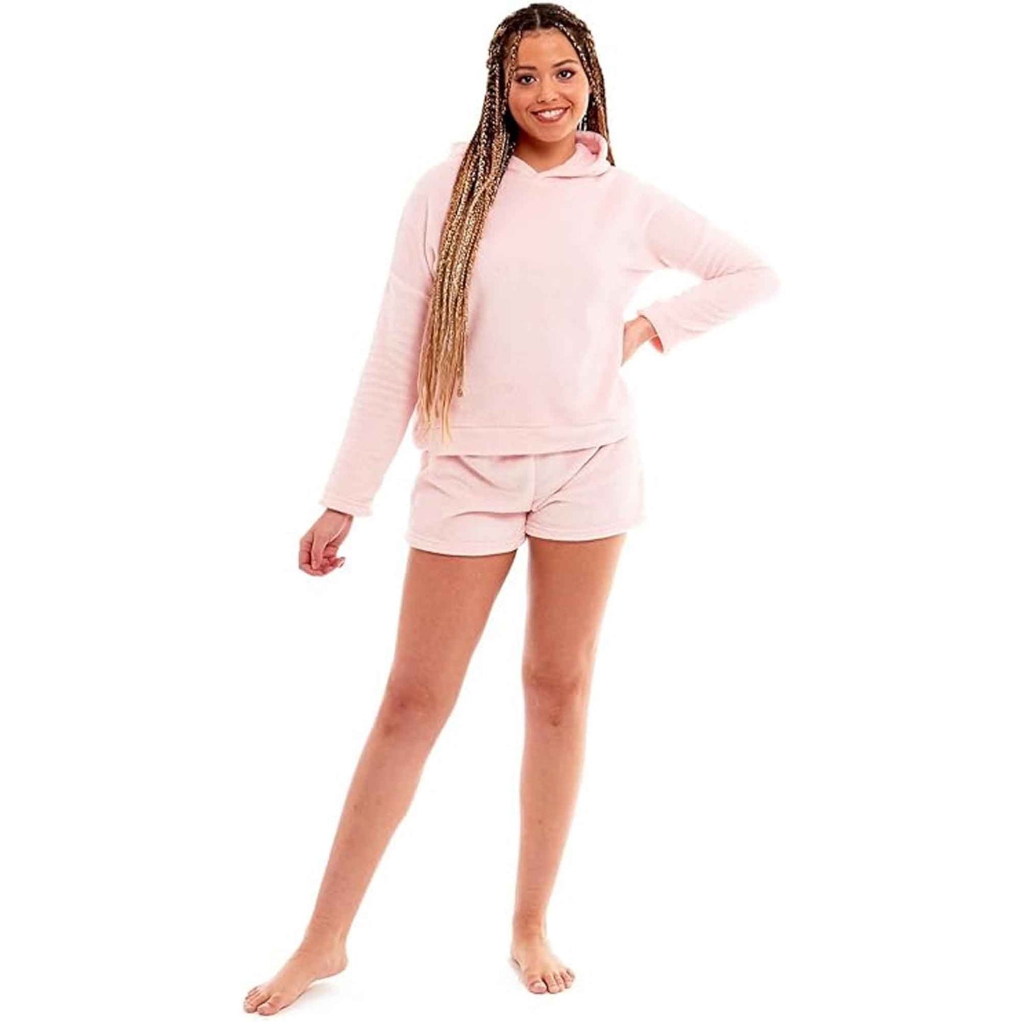 Women's Ultra Soft Fleece Pyjama Set with Hooded Top and Shorts Cozy Loungewear Homewear Available in Pink and Grey All Seasons Daisy Dreamer PINK / S Pyjamas