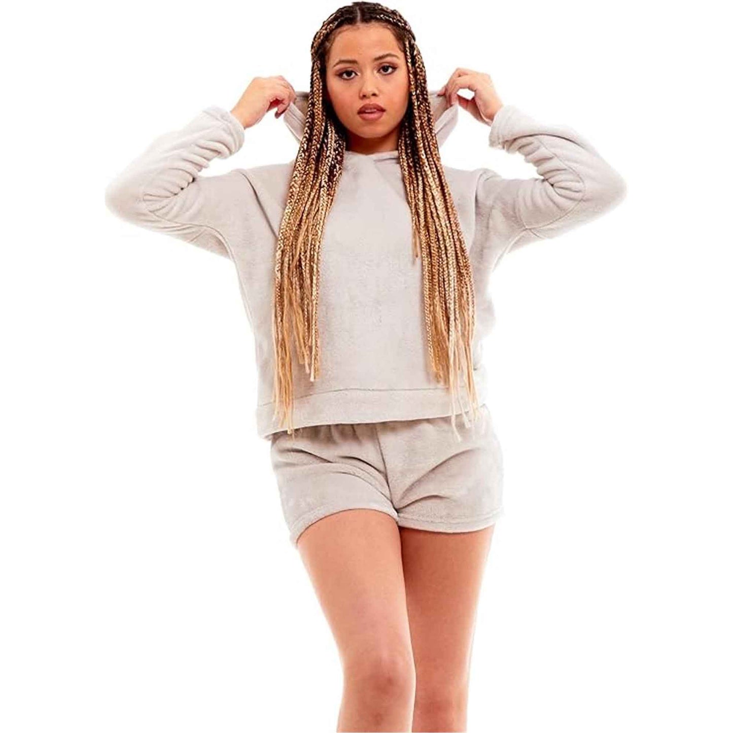 Women's Ultra Soft Fleece Pyjama Set with Hooded Top and Shorts Cozy Loungewear Homewear Available in Pink and Grey All Seasons Daisy Dreamer Pyjamas