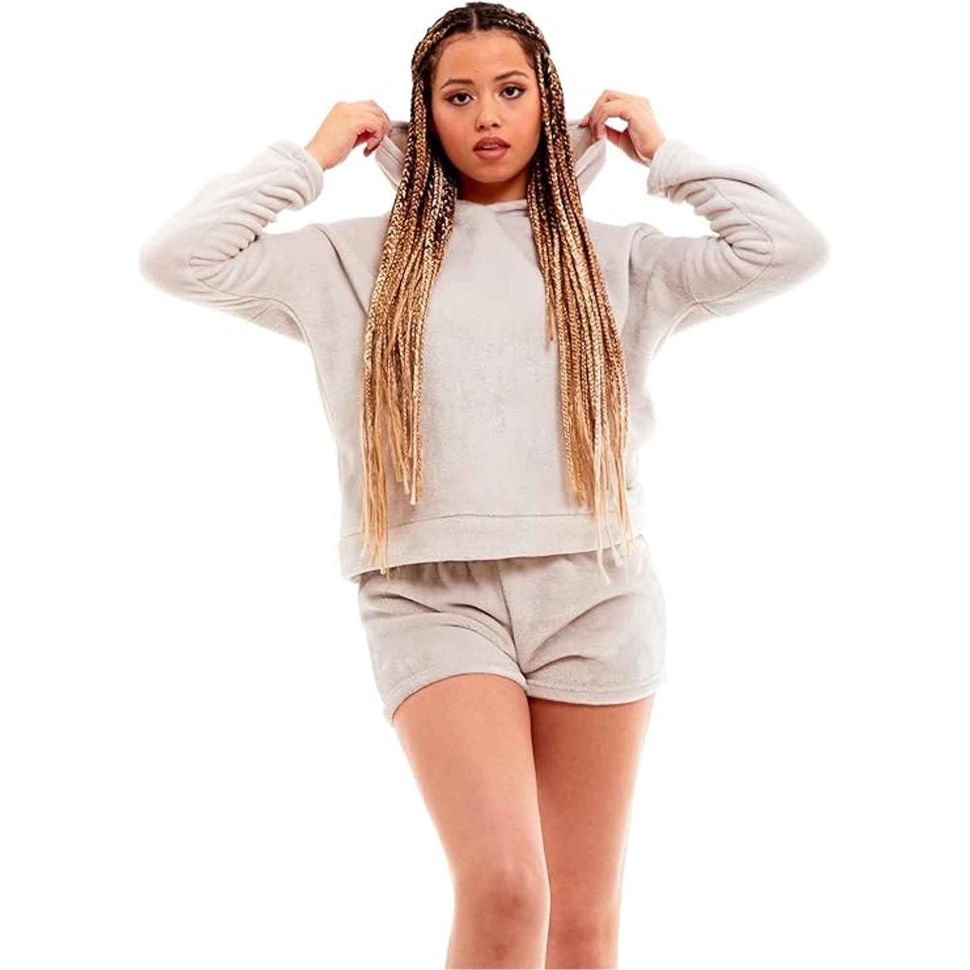 Women's Ultra Soft Fleece Pyjama Set with Hooded Top and Shorts Cozy Loungewear Homewear Available in Pink and Grey All Seasons Daisy Dreamer Pyjamas