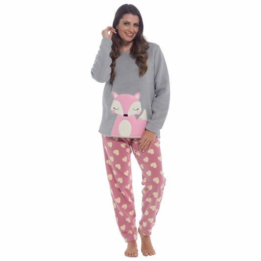 Women's Ultra-Soft Fox Snuggle Fleece Pyjama Set with Long Sleeve Top and Elasticated Bottoms for Lounging and Sleepwear by Daisy Dreamer SMALL | 8-10 / Fox Pyjamas