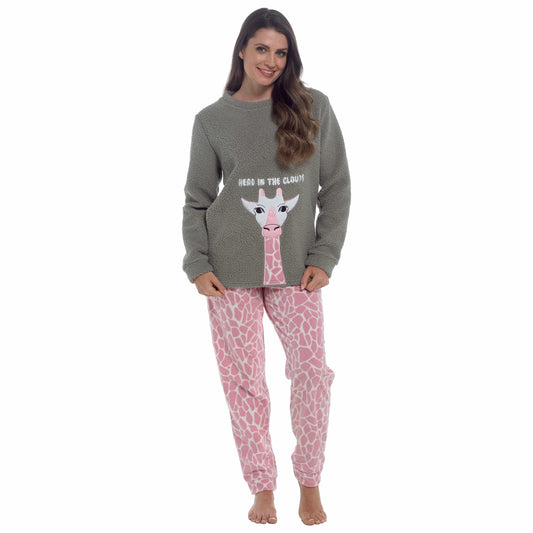 Women's Ultra-Soft Giraffe Snuggle Fleece Pyjama Set with Long Sleeve Top and Elasticated Bottoms for Lounging and Sleepwear by Daisy Dreamer SMALL | 8-10 / Giraffe Pyjamas