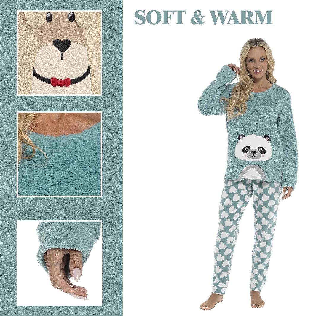 Women's Ultra-Soft Panda Snuggle Fleece Pyjama Set with Long Sleeve Top and Elasticated Bottoms for Lounging and Sleepwear by Daisy Dreamer Pyjamas