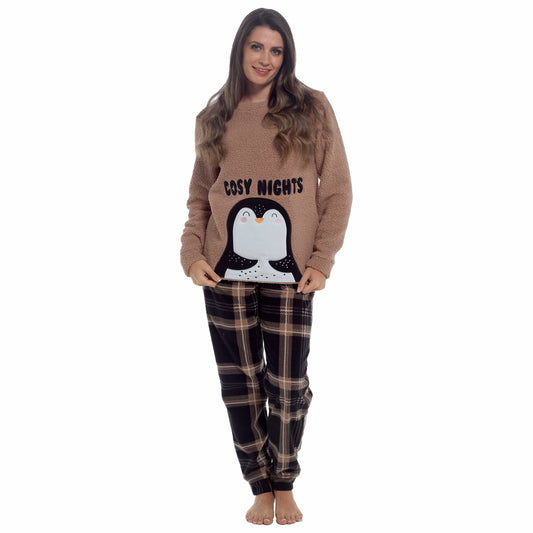 Women's Ultra-Soft Penguin Snuggle Fleece Pyjama Set with Long Sleeve Top and Elasticated Bottoms for Lounging and Sleepwear by Daisy Dreamer SMALL | 8-10 / Penguin Pyjamas