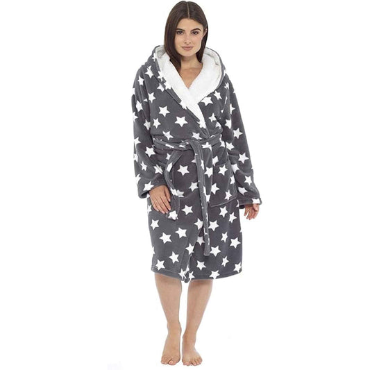 Women's Ultra Soft Plush Fleece Hooded Dressing Gown with Sherpa Lining Star Patterned Cozy Loungewear Nightwear Available in Sizes Small to X Large by Daisy Dreamer SMALL | UK 8-10 Robe