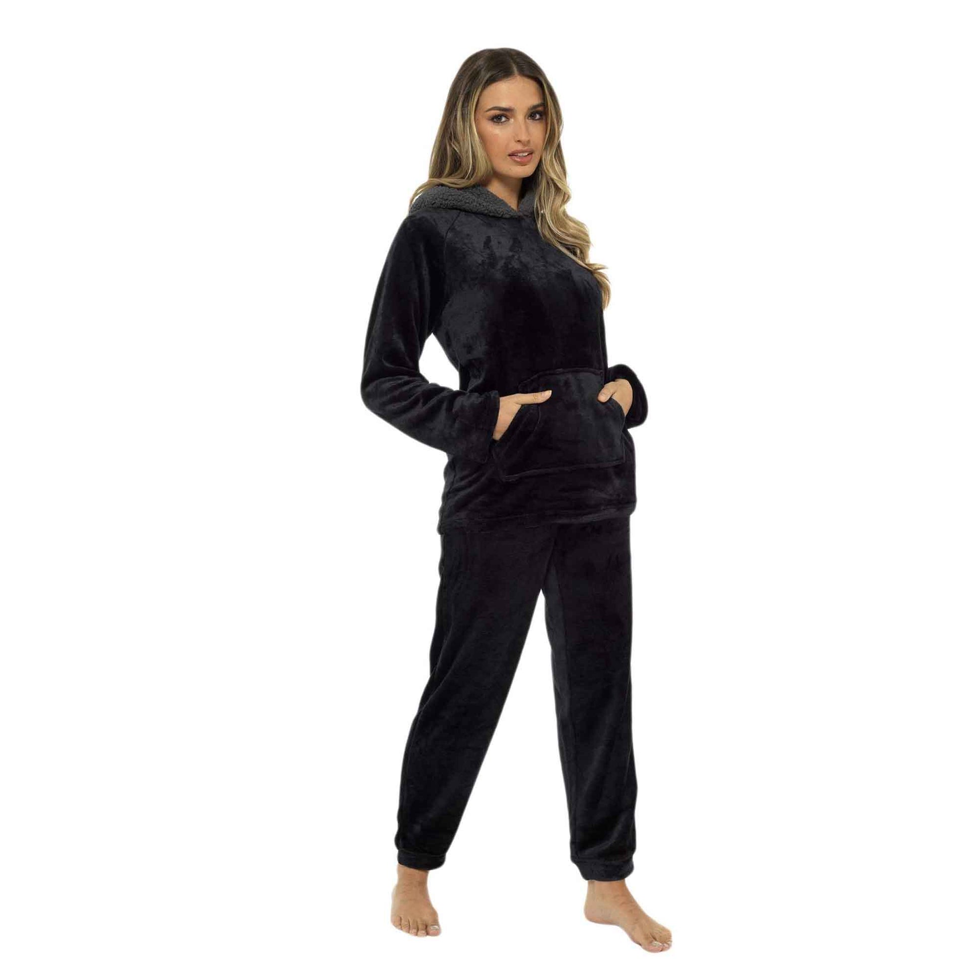Women's Ultra-Soft Plush Fleece Hooded Pajama Set Cozy Winter Nightwear Warm Loungewear for Home Relaxation by Daisy Dreamer BLACK / S Pyjamas