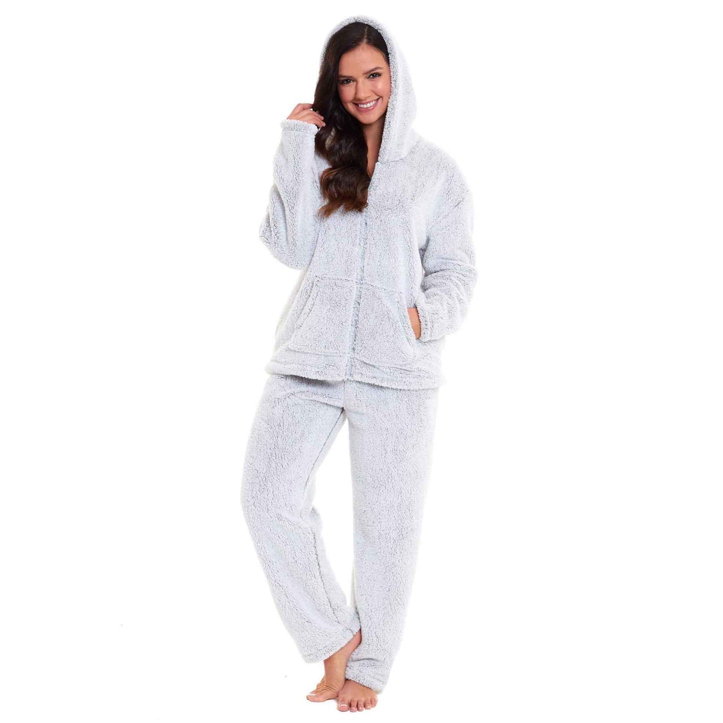 Women's Ultra-Soft Plush Fleece Hooded Pajama Set Cozy Winter Nightwear Warm Loungewear for Home Relaxation by Daisy Dreamer GREY FULL ZIP / S Pyjamas