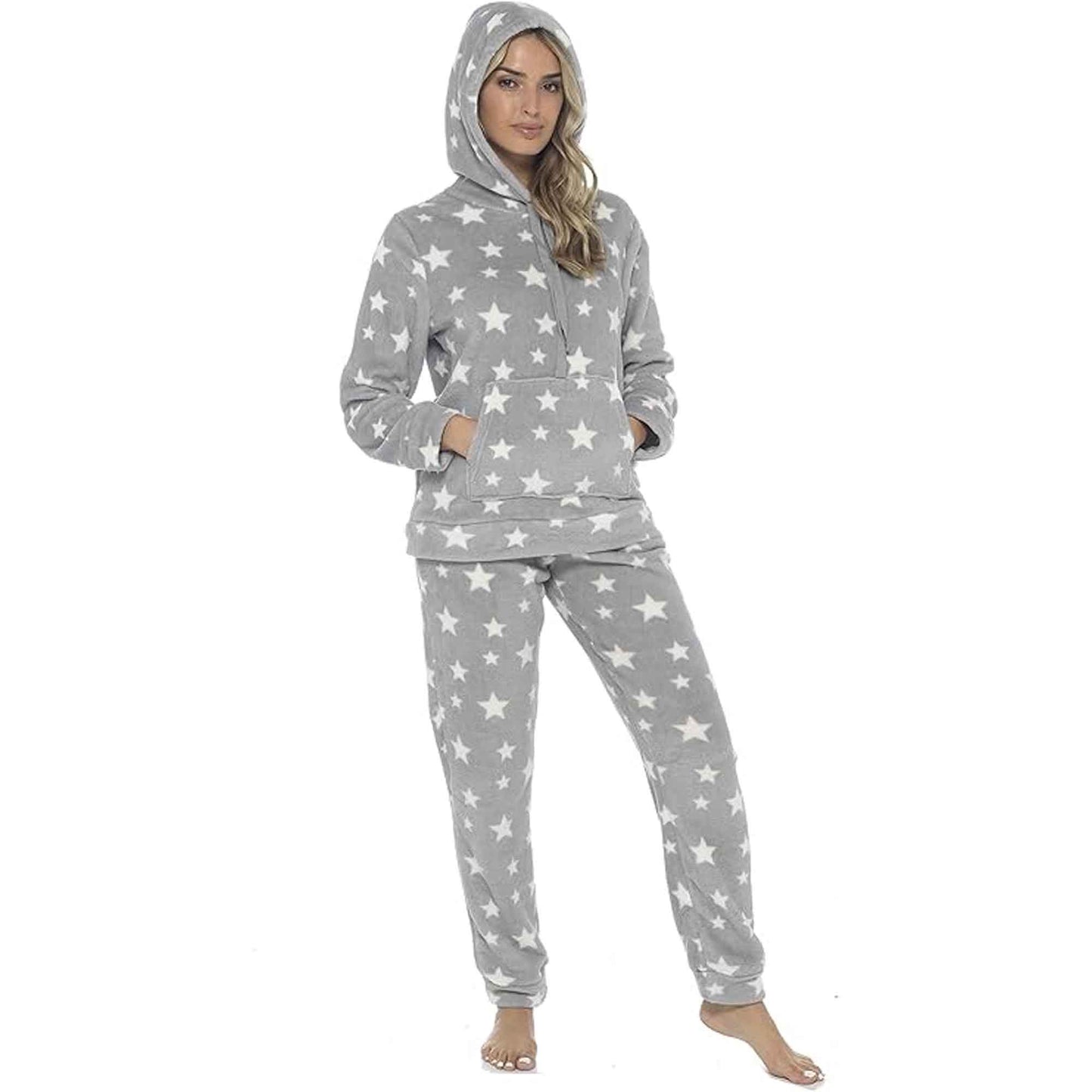 Women's Ultra-Soft Plush Fleece Hooded Pyjama Set with Star Design Cozy Nightwear Stretchable Loungewear Ideal Gift Multiple Sizes and Colors by Daisy Dreamer SMALL | UK 8-10 / GREY Pyjamas