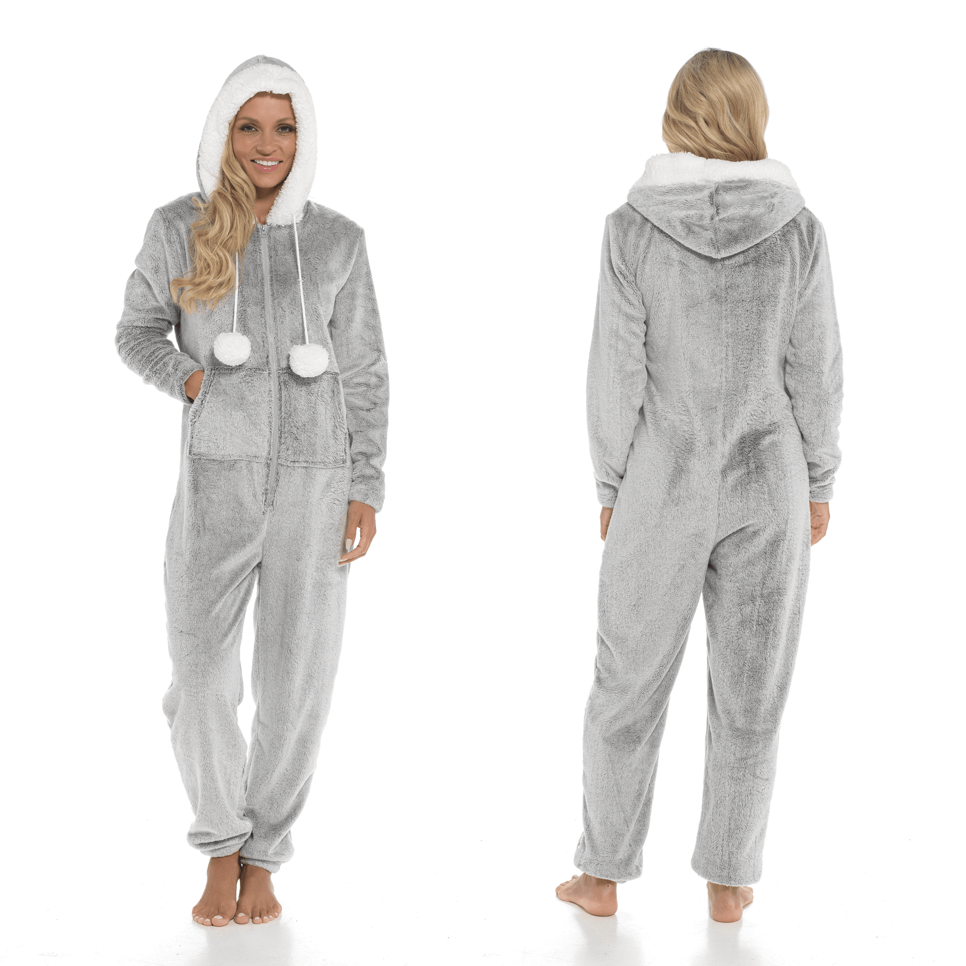 Women's Ultra-Soft Shimmer Fleece Hooded Onesie Pajama with Zip-Up Pockets and Cute Pompoms Warm Nightwear Ideal for Winter Comfort Daisy Dreamer SMALL | UK 8-10 / GREY Pyjamas