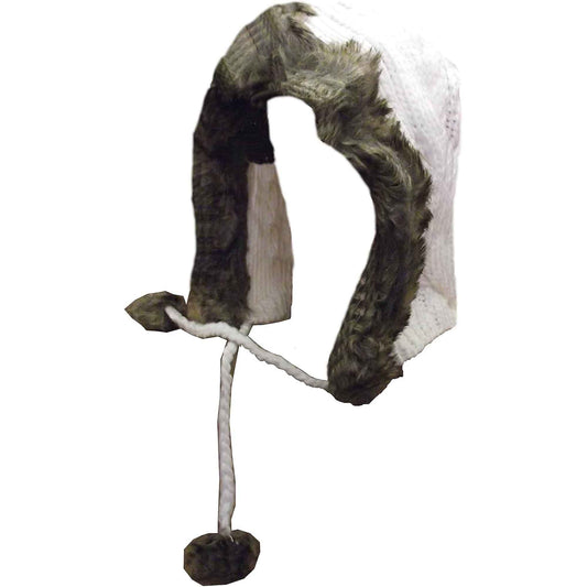 Women's Winter Chunky Knit Hood Hat with Faux Fur Trim and Pom Poms Warm Acrylic One Size Fits All in Cream Beige and Black by Sock Stack CREAM Hats