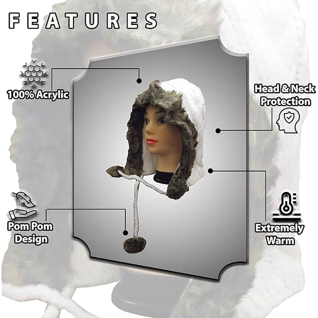 Women's Winter Chunky Knit Hood Hat with Faux Fur Trim and Pom Poms Warm Acrylic One Size Fits All in Cream Beige and Black by Sock Stack Hats
