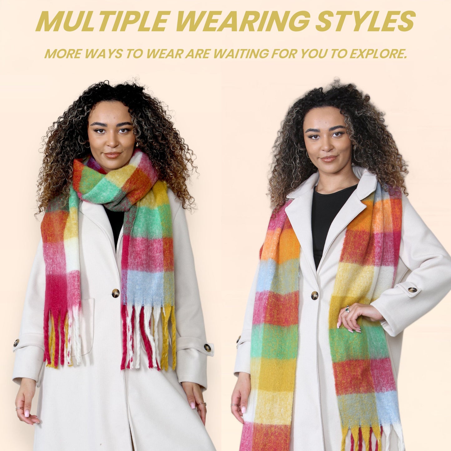 Women’s Yellow Burgundy Chunky Knit Bright Plaid Blanket Scarf Long Winter Wrap Warm Check Shawl with Tassels Gift for Ladies by Daisy Dreamer YELLOW/BURGUNDY CHECK Scarves