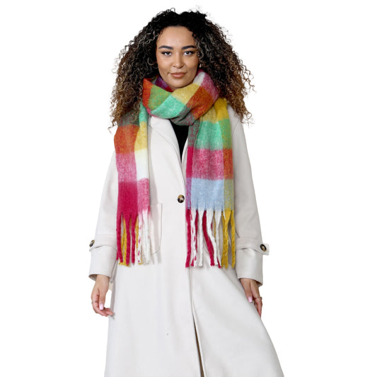 Women’s Yellow Burgundy Chunky Knit Bright Plaid Blanket Scarf Long Winter Wrap Warm Check Shawl with Tassels Gift for Ladies by Daisy Dreamer YELLOW/BURGUNDY CHECK Scarves