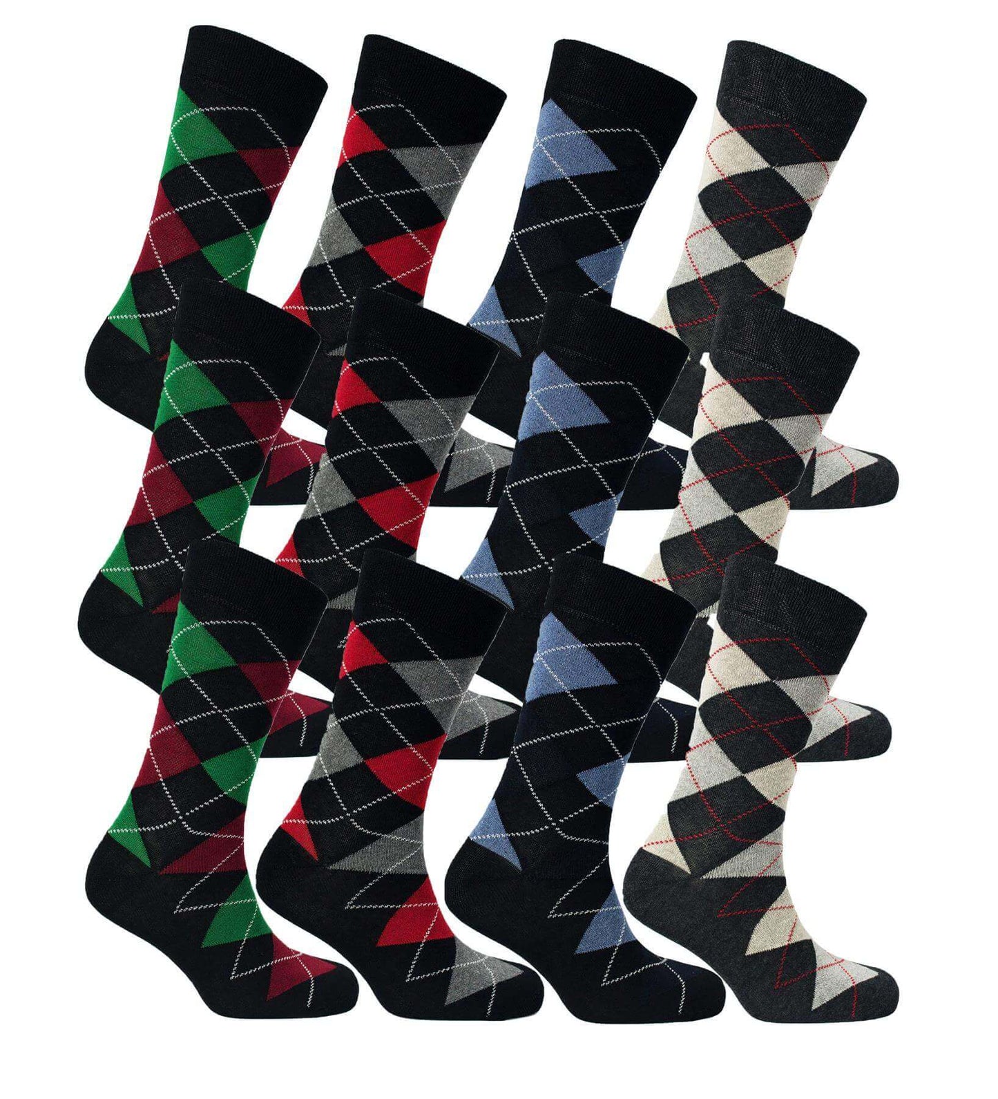 12 Pairs Men's Colourful Heel Toe Black Argyle Diamond Socks Comfort Fit Cotton Rich Durable Work Sock Ultra-Smooth Flat Toe Seam Comfortable School Business Wear UK 6-11 by Sock Stack ARGYLE DIAMOND Socks