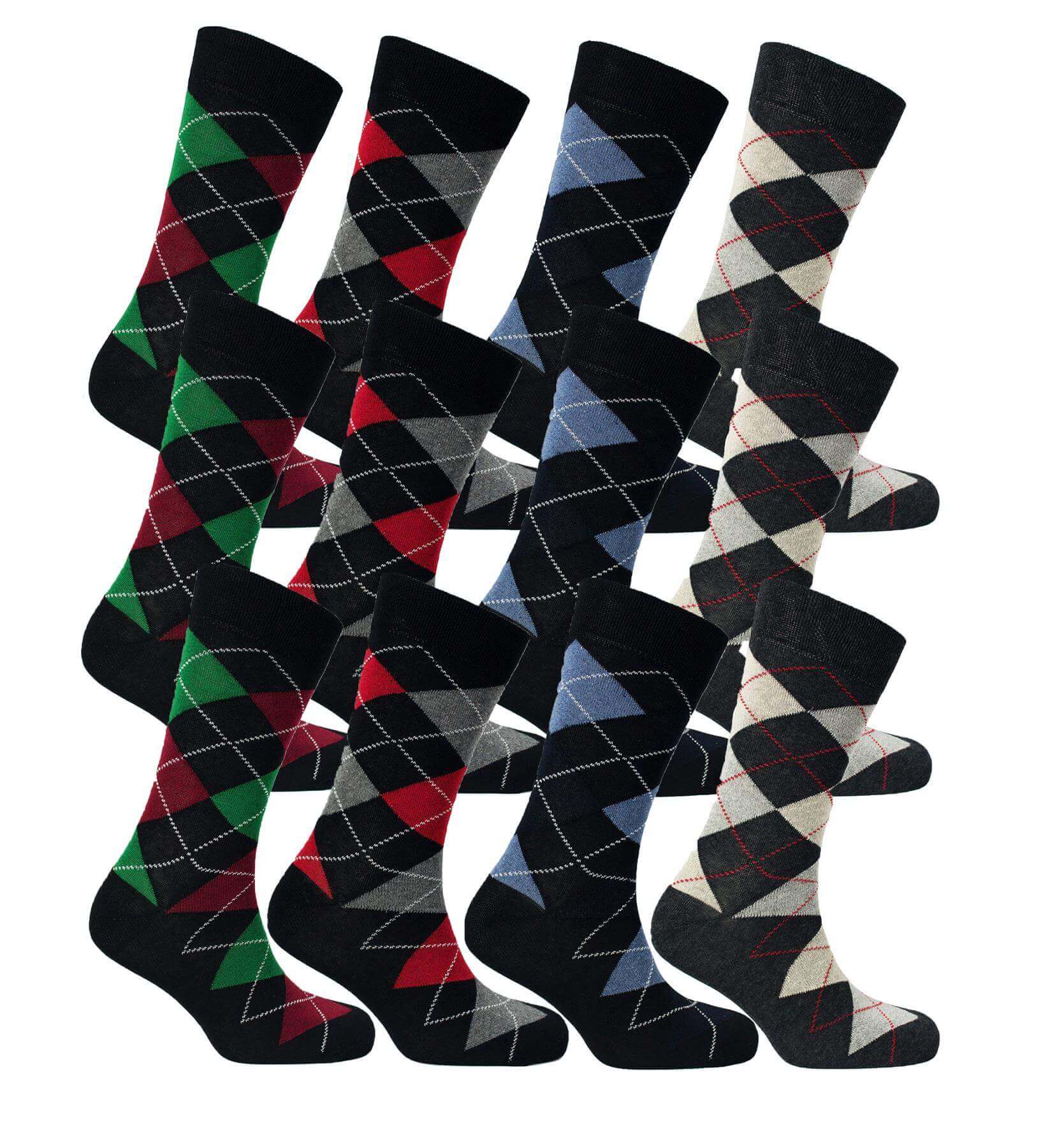 12 Pairs Men's Colourful Heel Toe Black Argyle Diamond Socks Comfort Fit Cotton Rich Durable Work Sock Ultra-Smooth Flat Toe Seam Comfortable School Business Wear UK 6-11 by Sock Stack ARGYLE DIAMOND Socks