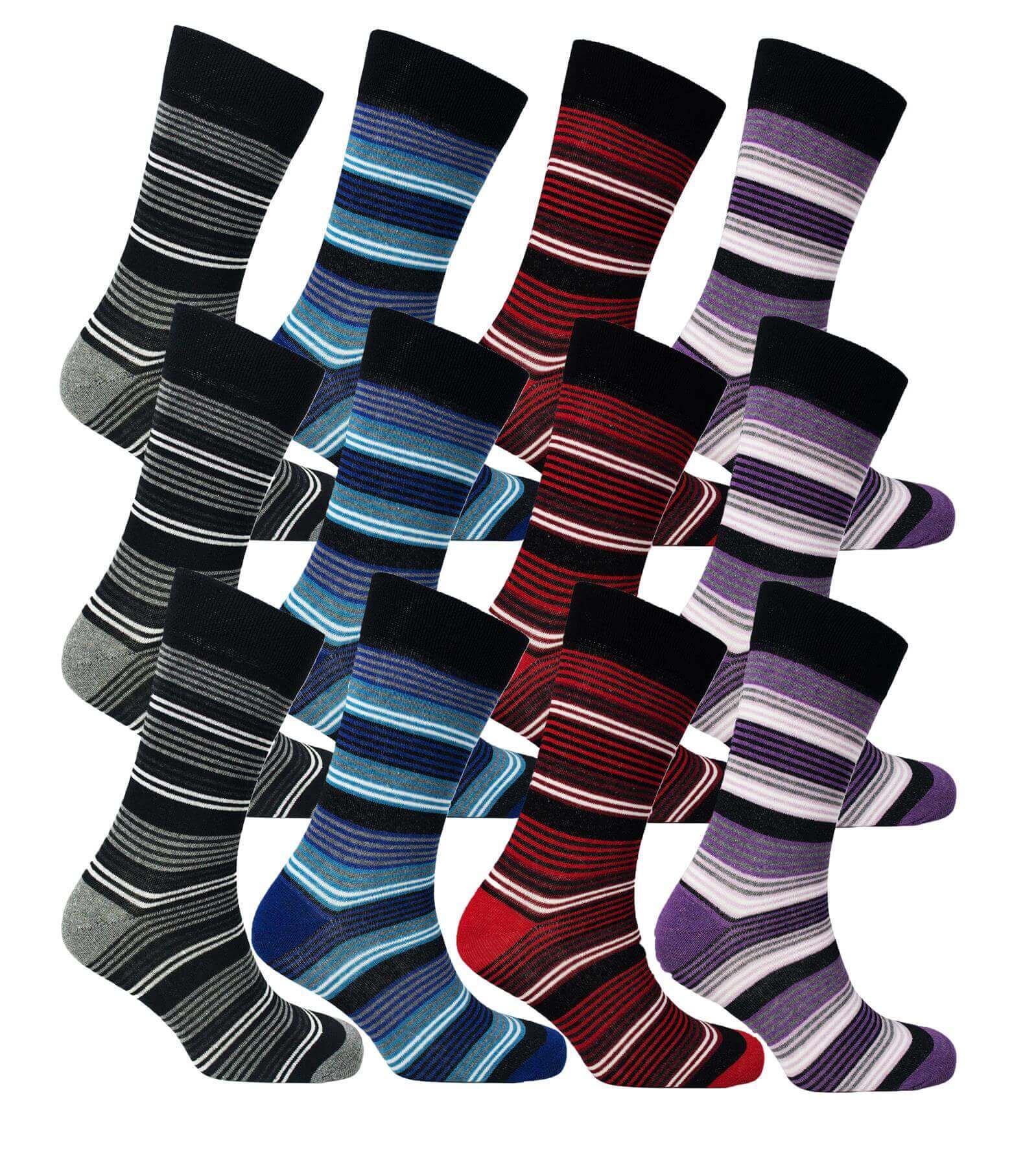 12 Pairs Men's Colourful Heel Toe Black Argyle Diamond Socks Comfort Fit Cotton Rich Durable Work Sock Ultra-Smooth Flat Toe Seam Comfortable School Business Wear UK 6-11 by Sock Stack MULTI STRIPE Socks