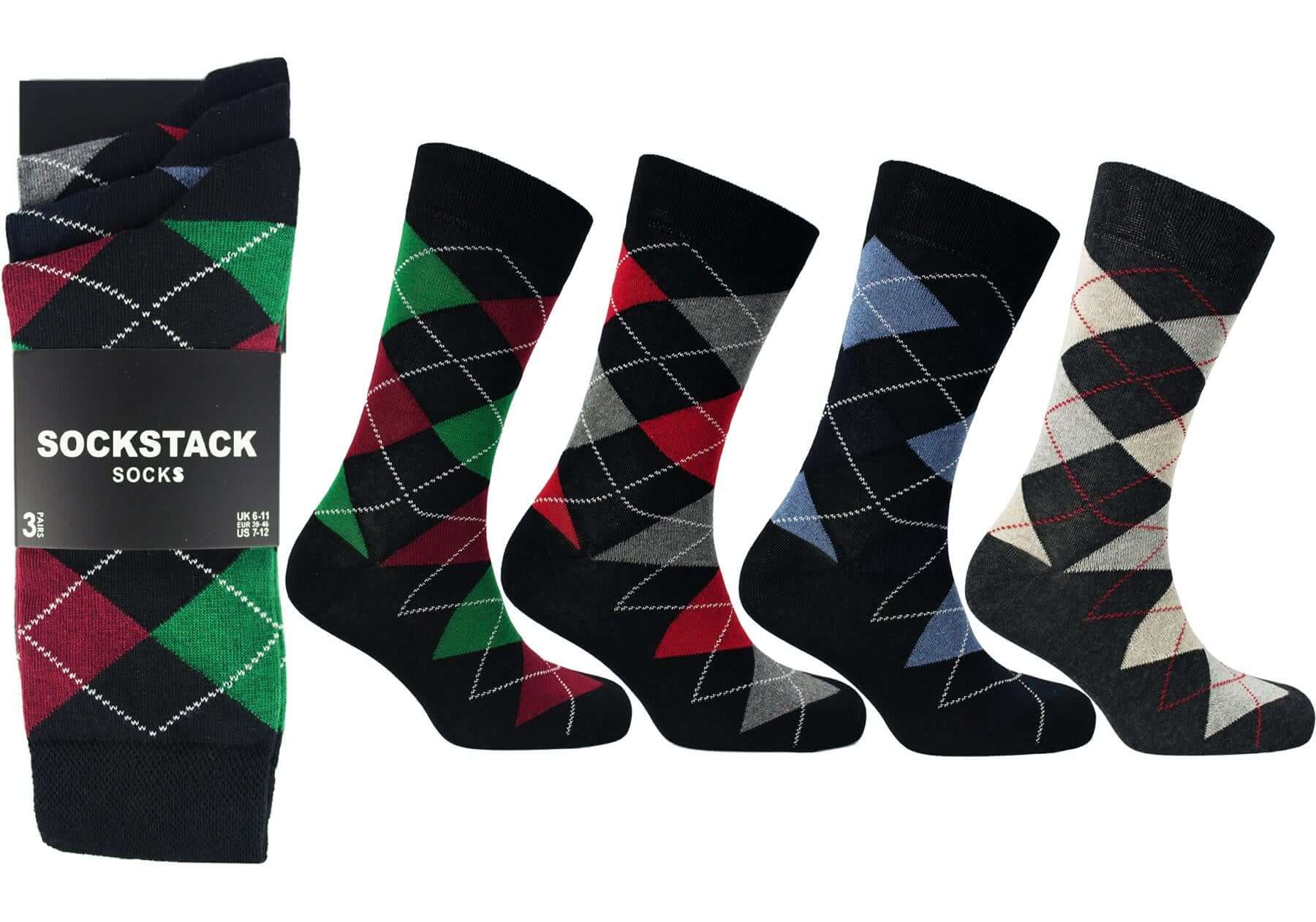 12 Pairs Men's Colourful Heel Toe Black Argyle Diamond Socks Comfort Fit Cotton Rich Durable Work Sock Ultra-Smooth Flat Toe Seam Comfortable School Business Wear UK 6-11 by Sock Stack Socks