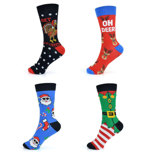 4 Pack Mens Christmas Socks Cotton Rich Fun Festive Designs Perfect Stocking Filler Holiday Gift UK 6-11 EUR 39-45 by Sock Stack XMAX FUN (SS28) / 6-11 Socks
