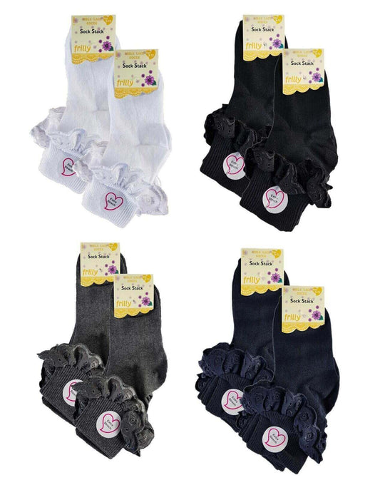 6 Pairs Girls Cotton Rich Frilly Ankle Socks Durable Breathable Sculpted Heels and Toes Multiple Sizes and Colours Perfect for School and Everyday Wear by Sock Stack Socks