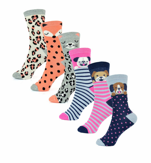 6 Pairs Women's Cotton Rich Socks Fun Designs Stripes Dots Leopard Fox Dog Cat Prints UK 4-7 Breathable Durable by Sock Stack ANIMAL (SS535) / UK 4-7 Socks