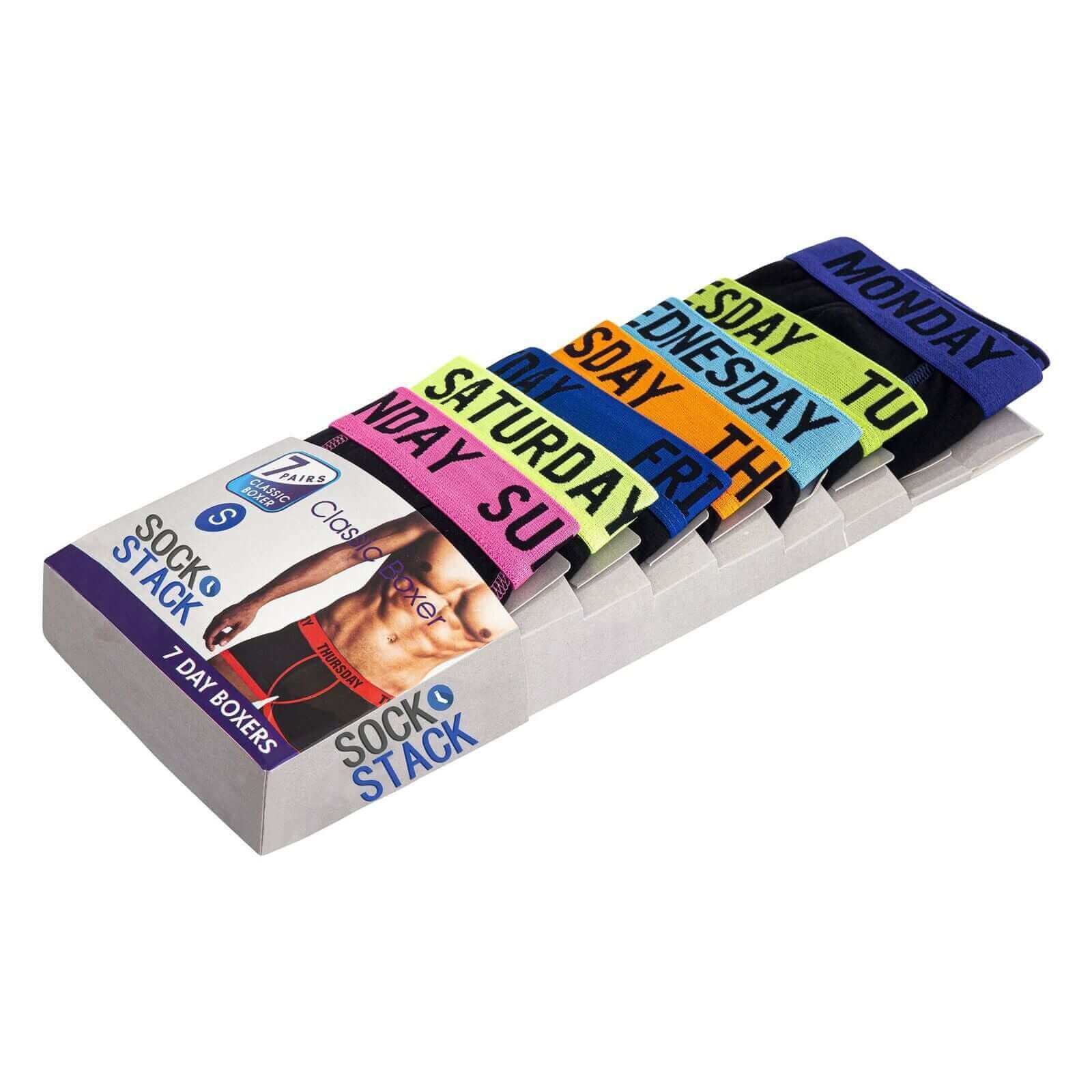 7 Pack Days Of The Week Comfort Fit Boxer Shorts Menswear Activewear Classic Breathable with Premium Cotton Blend and Colourful Assorted Waistband Stretchable Durable Everyday Wear Sizes Small to XLarge by Sock Stack Boxer Shorts