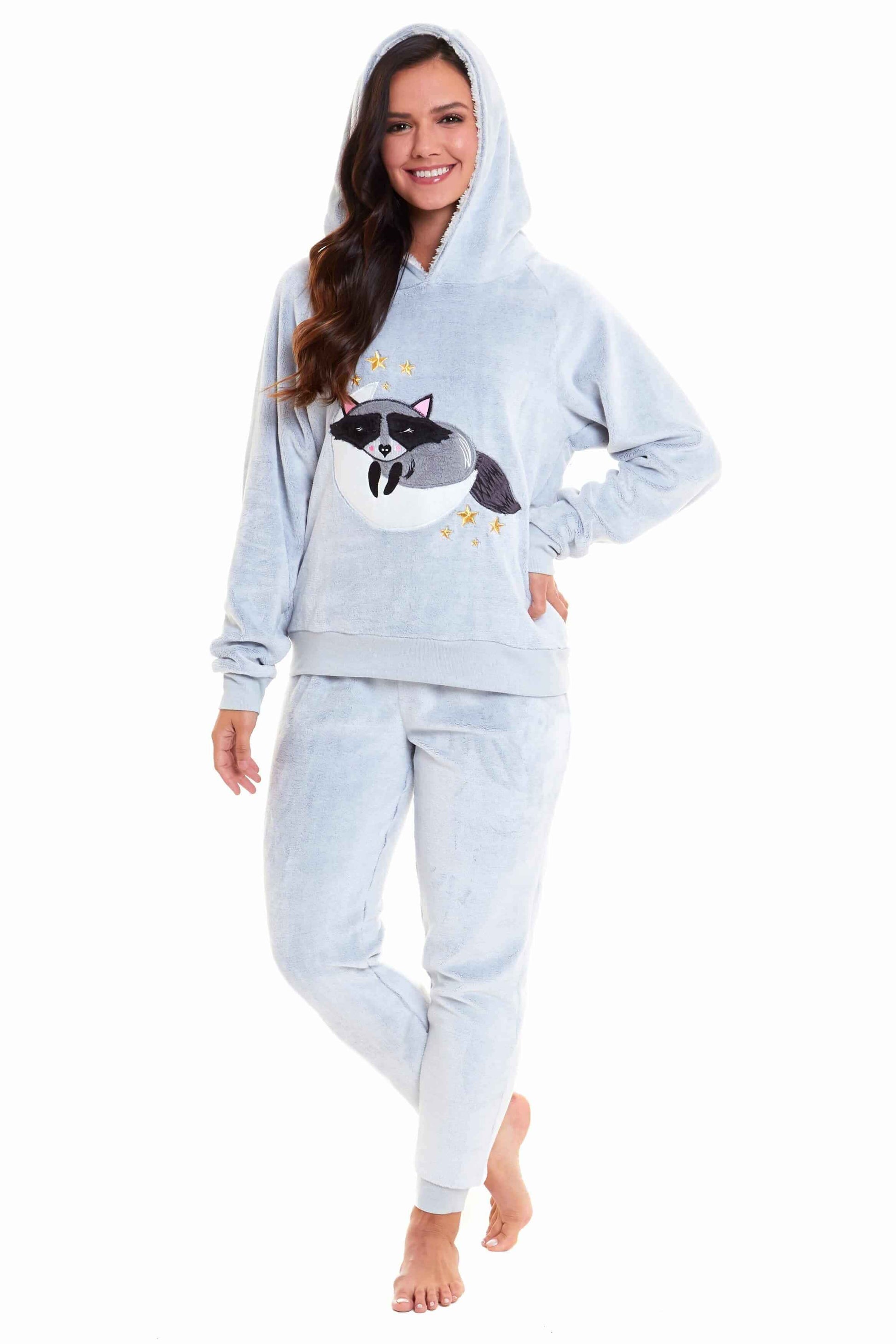 Cuddly Raccoon Fleece Hooded Pyjama Set for Women and Girls Super Soft Sherpa Lined Nightwear Ideal Mother Daughter Gift Cosy Boutique by Daisy Dreamer SMALL | UK 8-10 Pyjamas